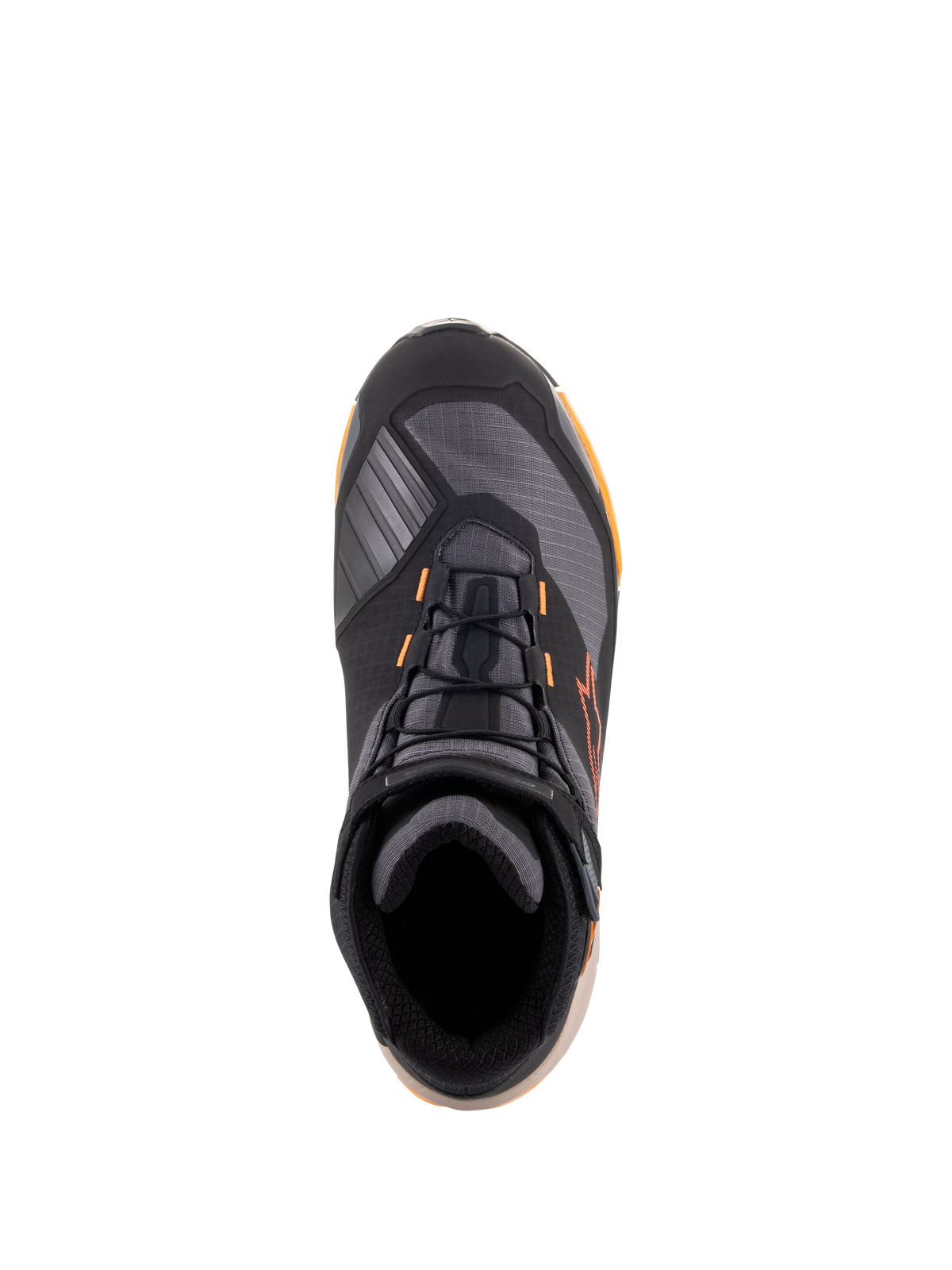 Alpinestars CR-X Drystar® Riding Shoes, top-down view, Black Light Brown Orange colorway, athletic-style motorcycle footwear featuring black laces, orange accents, and a light brown sole, waterproof protective gear for road and urban riding.