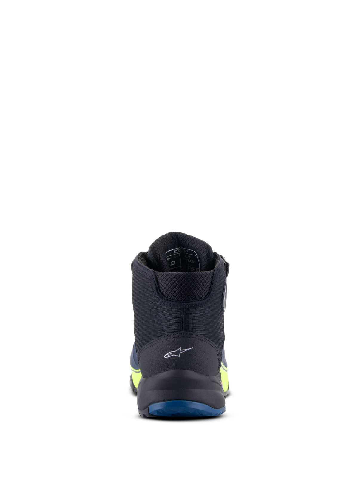 Alpinestars CR-X Drystar® Riding Shoes, Motorcycle Riding Shoes, Black Dark Blue and Yellow Fluo, rear view highlighting the heel logo and blue outsole, waterproof performance with yellow fluorescent accents
