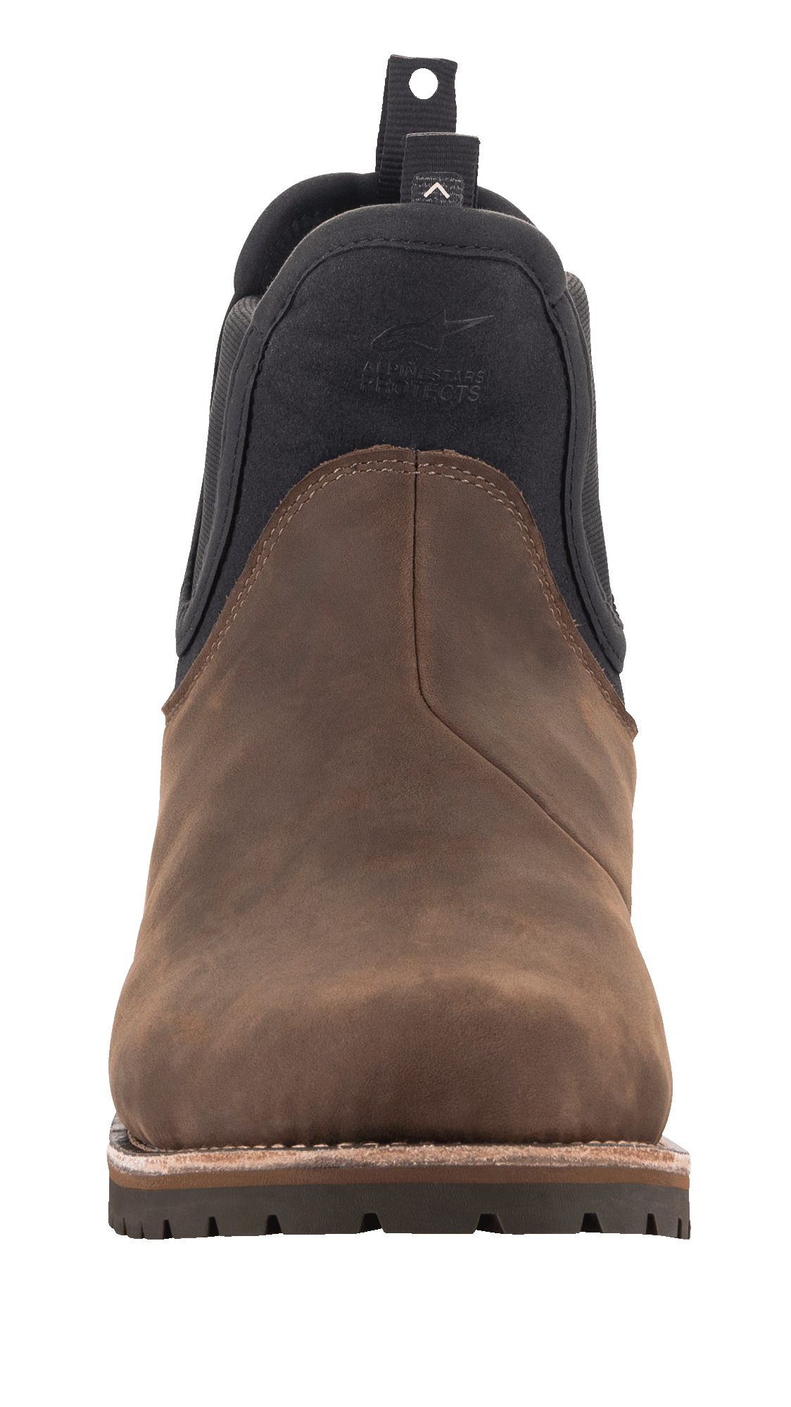Alpinestars Turnstone Shoes, Chocolate brown, Chelsea boot-style motorcycle riding shoes, front view featuring bovine leather construction and a durable lugged sole