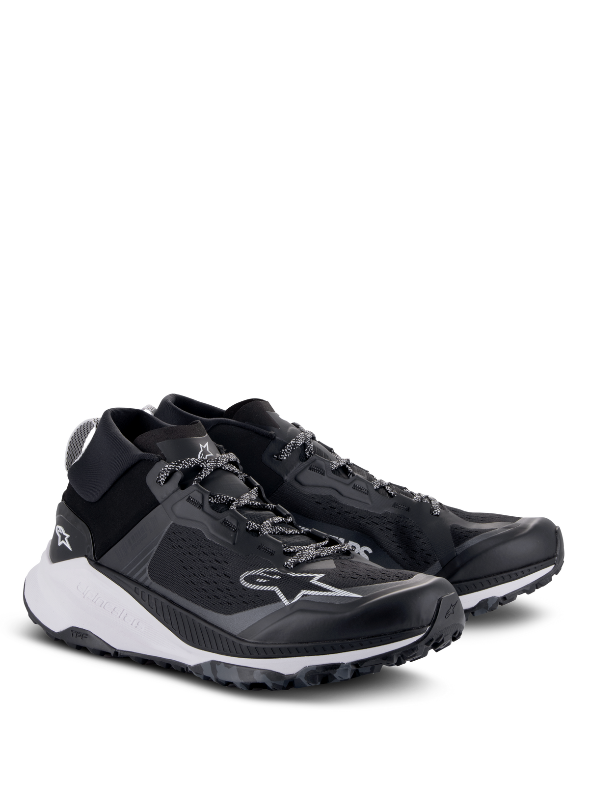 Alpinestars Meta XR V2 Shoes, Sportswear Shoes, Black White and Dark Gray, featuring a single-piece mesh upper, thick white cushioned midsole, and rugged outsole, casual athletic design with Alpinestars logo and patterned laces