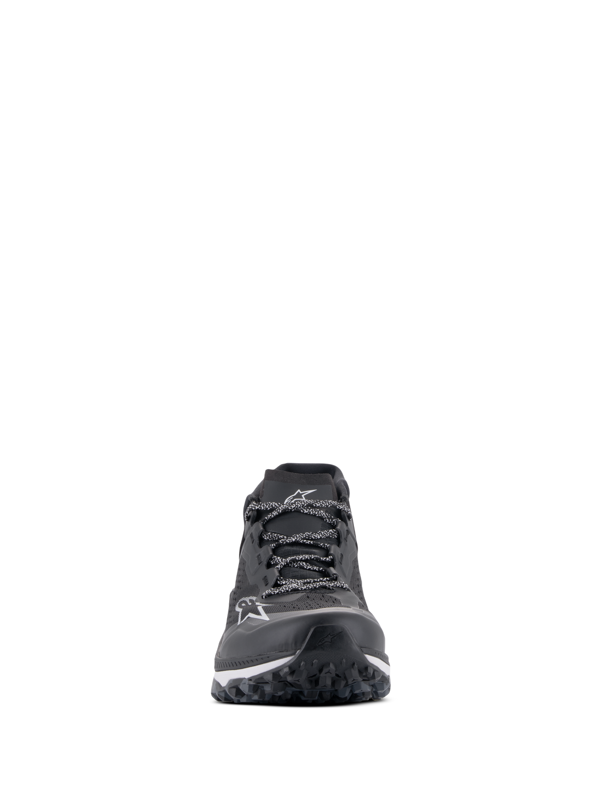 Alpinestars Meta XR V2 Shoes, Sport Casual Footwear, Black White and Dark Gray, front view showing the technical mesh upper, patterned laces, white Alpinestars logo on the toe, and rugged outsole designed for traction and comfort.