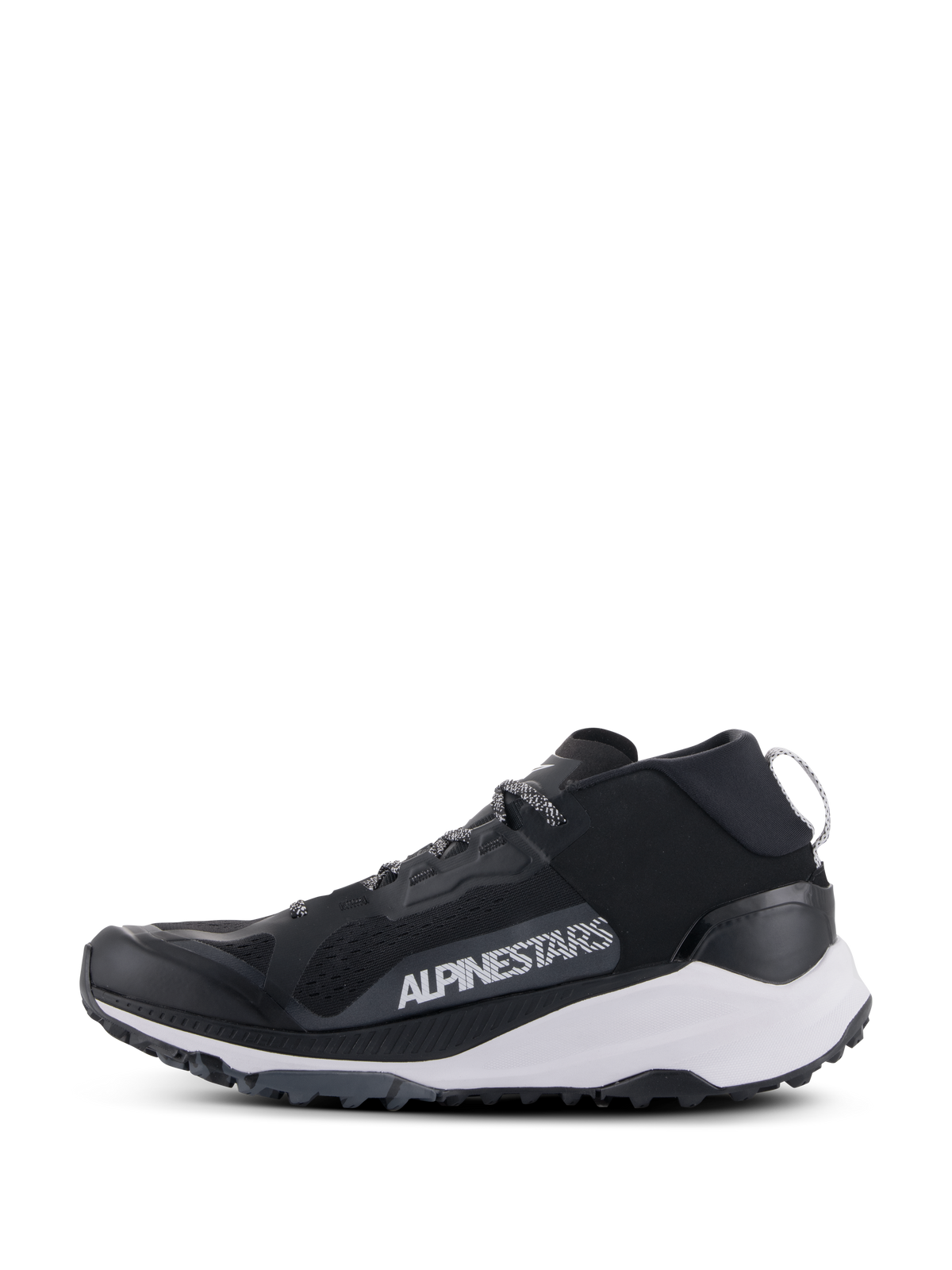 Alpinestars Meta XR V2 Shoes, sportswear shoes, Black White and Dark Gray, side profile featuring mesh upper, white midsole, and rugged outsole, bold white Alpinestars branding on the side panel.