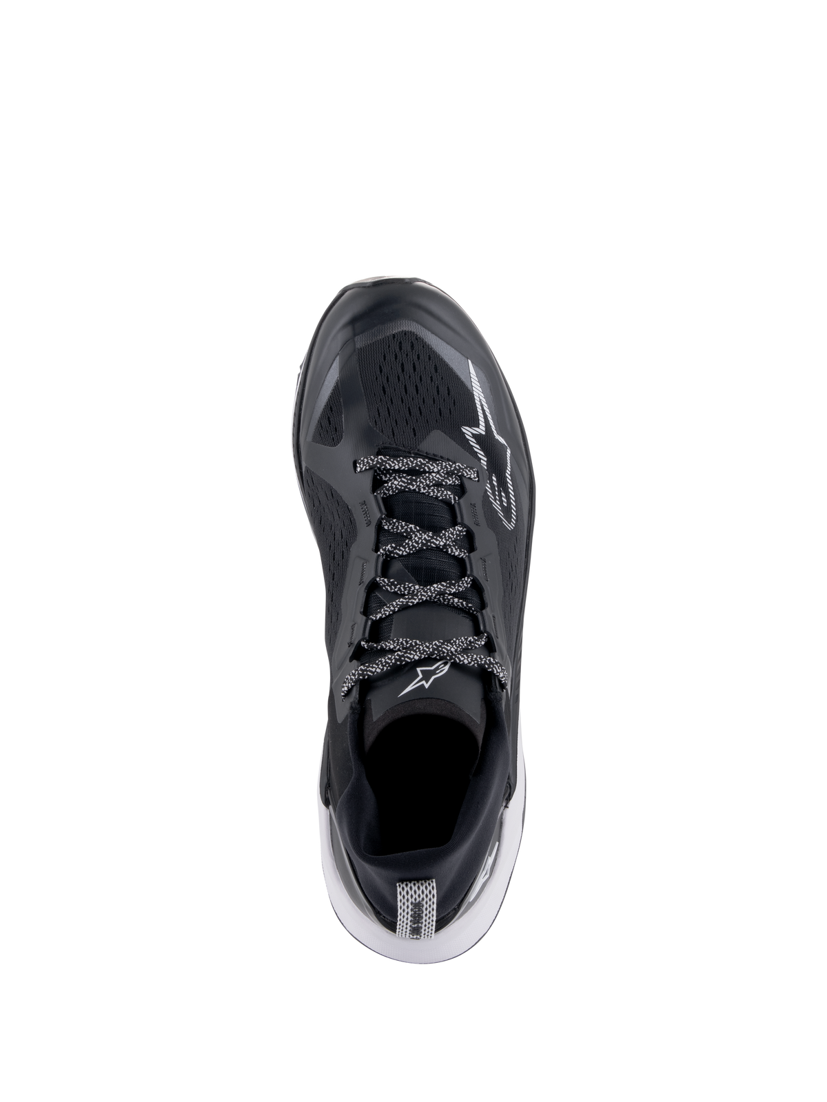 Alpinestars Meta XR V2 Shoes, Sportswear Shoes, Black White and Dark Gray, top-down view featuring breathable mesh upper and patterned laces, white star logo, casual athletic footwear