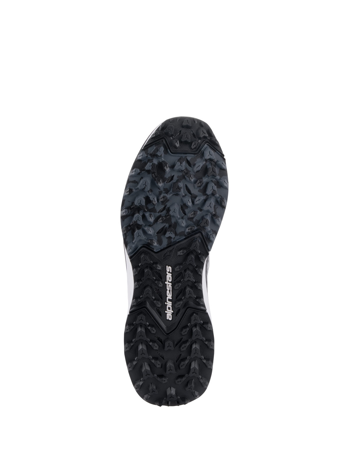 Alpinestars Meta XR V2 Shoes, rugged rubber sole view, black and dark gray outsole with lugged traction pattern, white Alpinestars branding in the center, designed for superior grip on off-road and dirty surfaces.