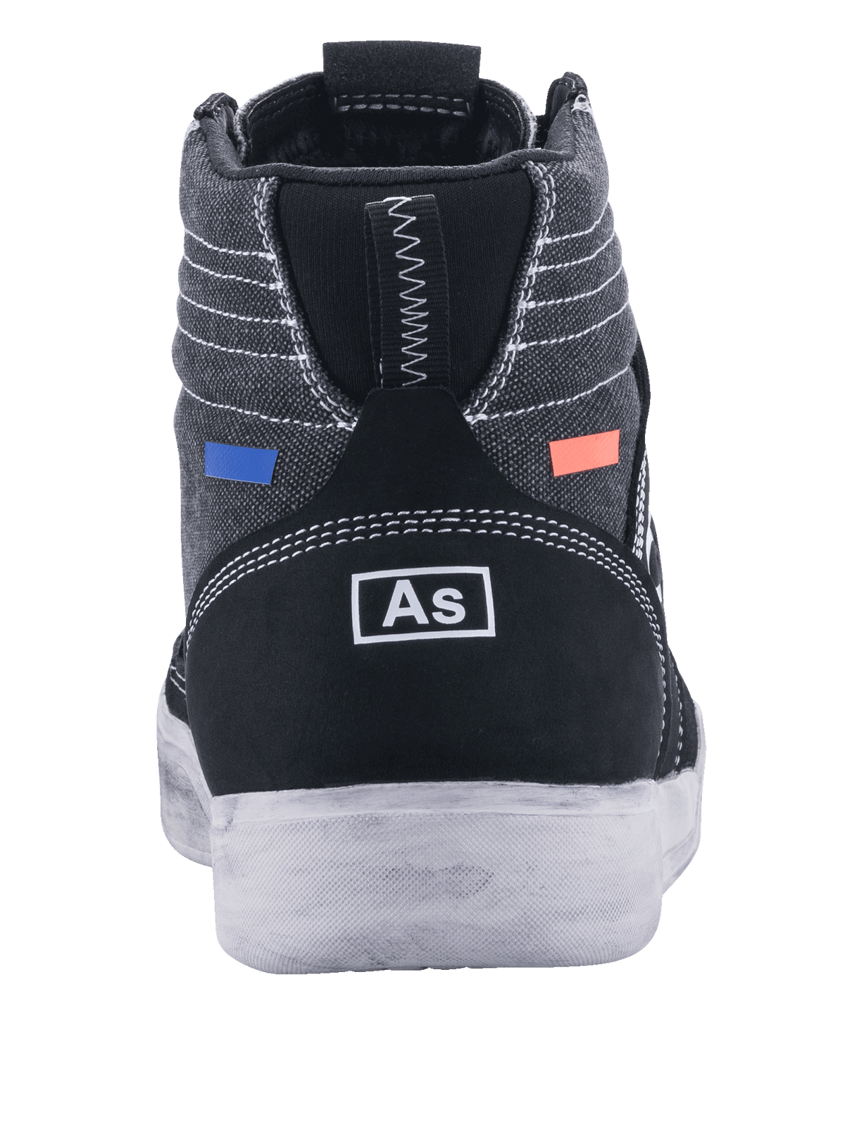 Alpinestars Ageless Riding Shoes, Motorcycle Riding Shoes, Black and Cool Gray, rear view featuring dark grey canvas with white stitching, black suede heel with white branding, blue and orange accents, casual urban design with a white sole