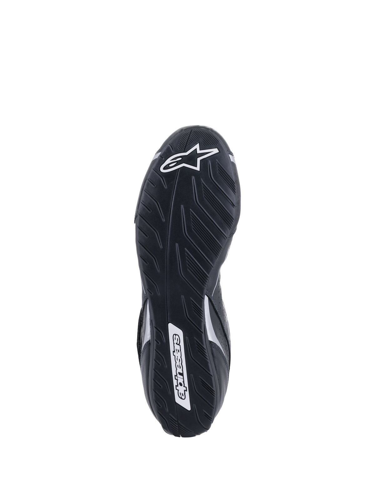 Alpinestars Tech-1 T V3 Shoes FIA, Bottom Sole View, Black and Silver, asymmetric rubber outsole with tire-tread pattern, white Alpinestars logo branding, thin compound for pedal sensitivity
