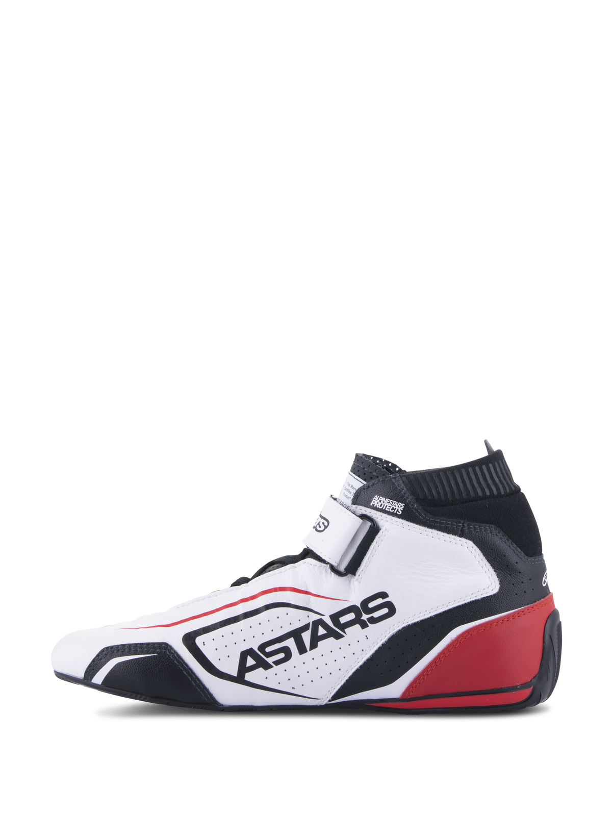 Alpinestars Tech-1 T V3 Shoes FIA, professional auto racing footwear, White Black and Red, profile view featuring ASTARS branding on perforated leather, black fireproof collar, and red heel highlights, performance motorsport design.