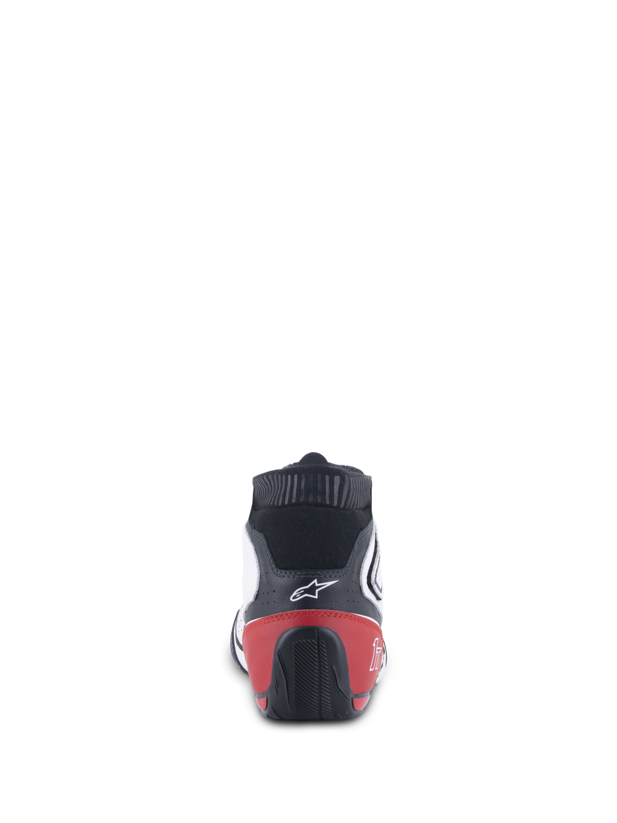 Alpinestars Tech-1 T V3 Shoes FIA, Auto Racing Shoes, White Black and Red, rear view showing the red heel counter and black textured outsole, white Alpinestars logo on black leather upper