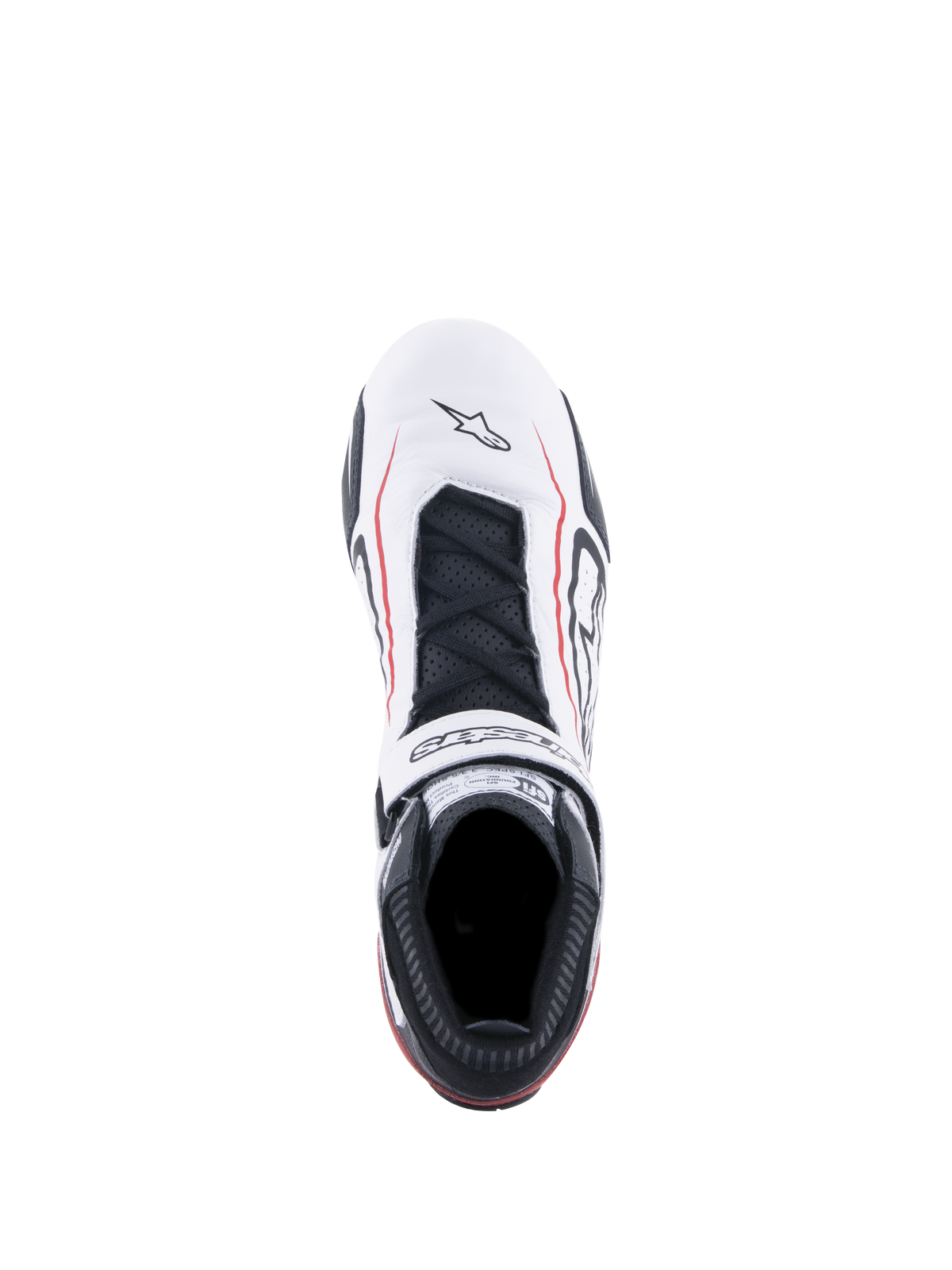 Alpinestars Tech-1 T V3 Shoes FIA, Auto Racing Shoes, White Black and Red, top-down view featuring white leather upper with red accent lines, black laces, branded hook and loop strap, and SFI certification label on the tongue