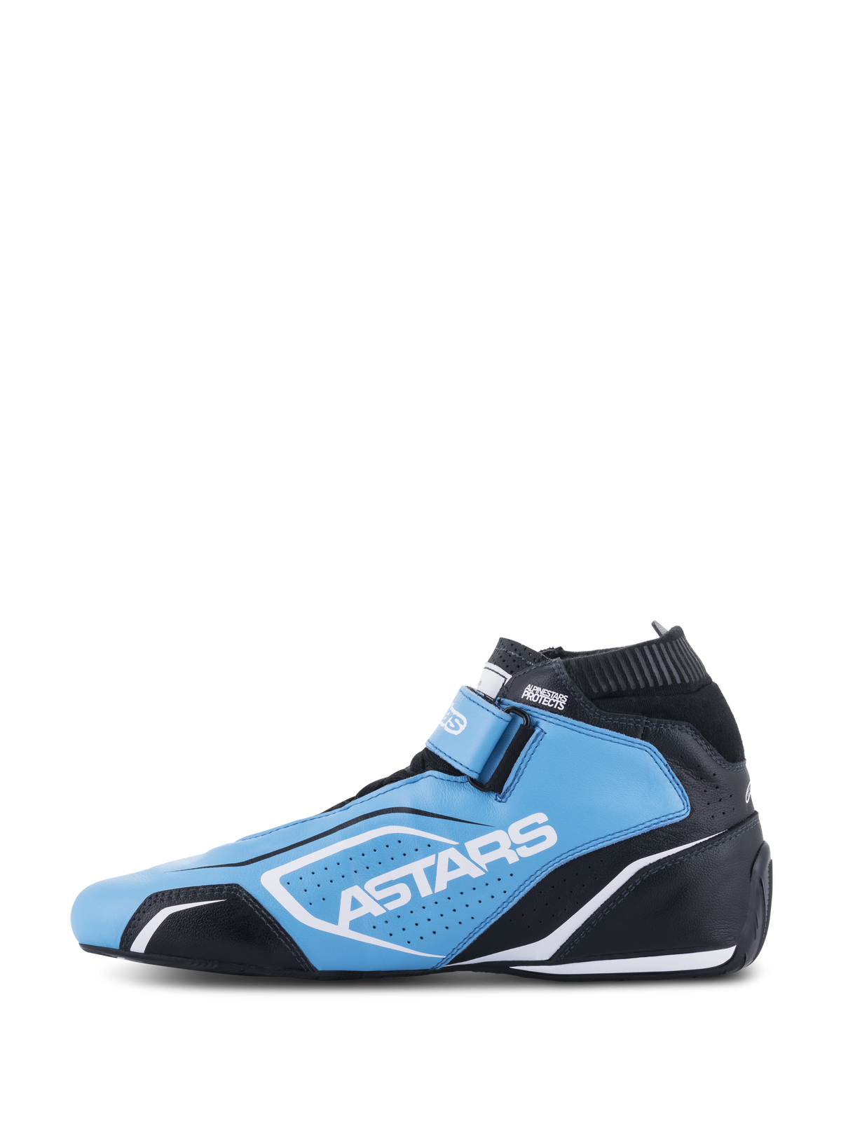 Alpinestars Tech-1 T V3 Shoes FIA, Auto Racing Shoes, Light Blue Black and White, featuring ASTARS branding, perforated leather panels, and a streamlined racing silhouette.