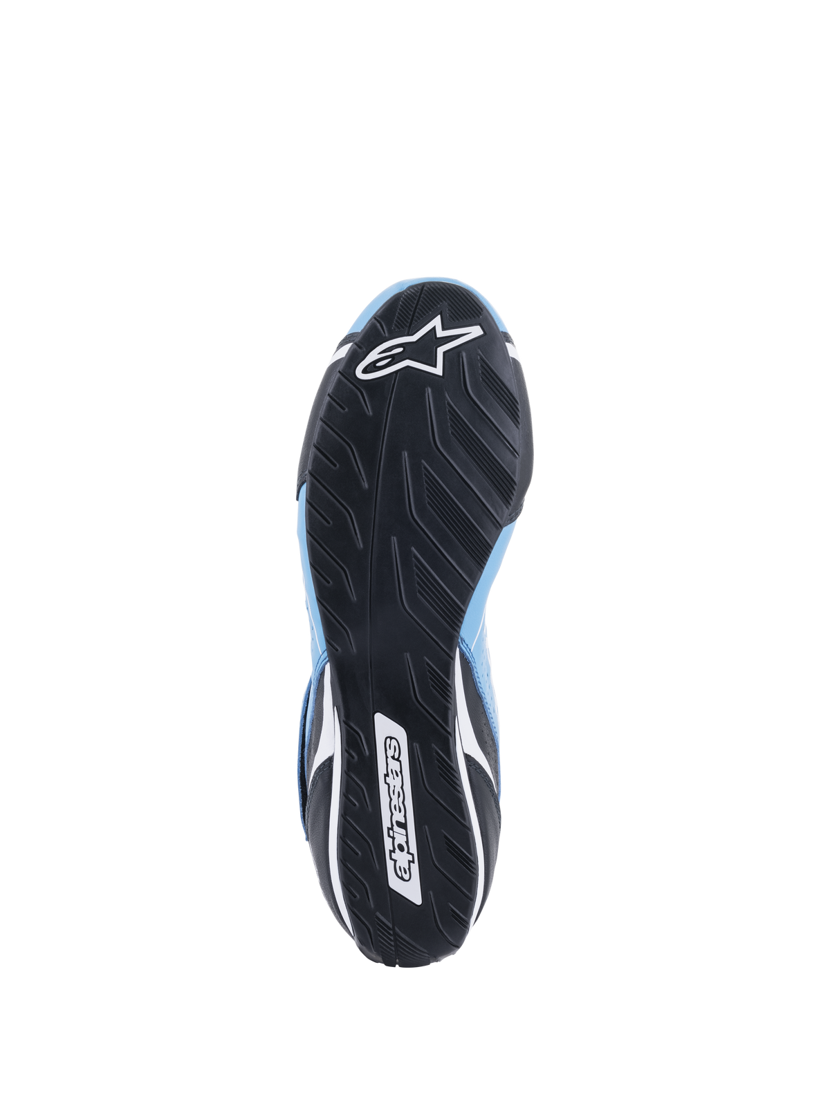 Alpinestars Tech-1 T V3 Shoes FIA, Bottom view of black rubber sole, asymmetric tire tread design, white Alpinestars star and wordmark logos, light blue and black leather accents, auto racing performance footwear