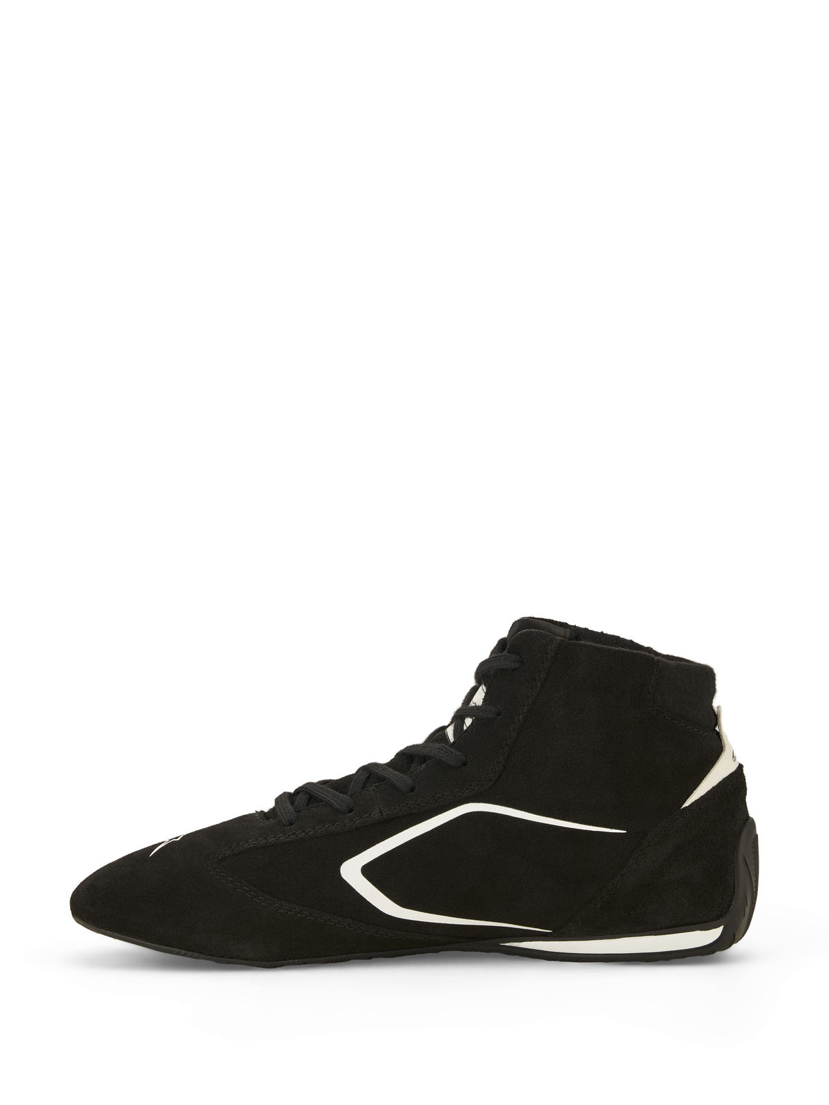 Alpinestars SP V3 Shoes FIA, Auto Racing Shoes, Black and White, side profile view, premium suede upper with white graphic accents, high-top design, thin racing-spec rubber sole for enhanced pedal feel
