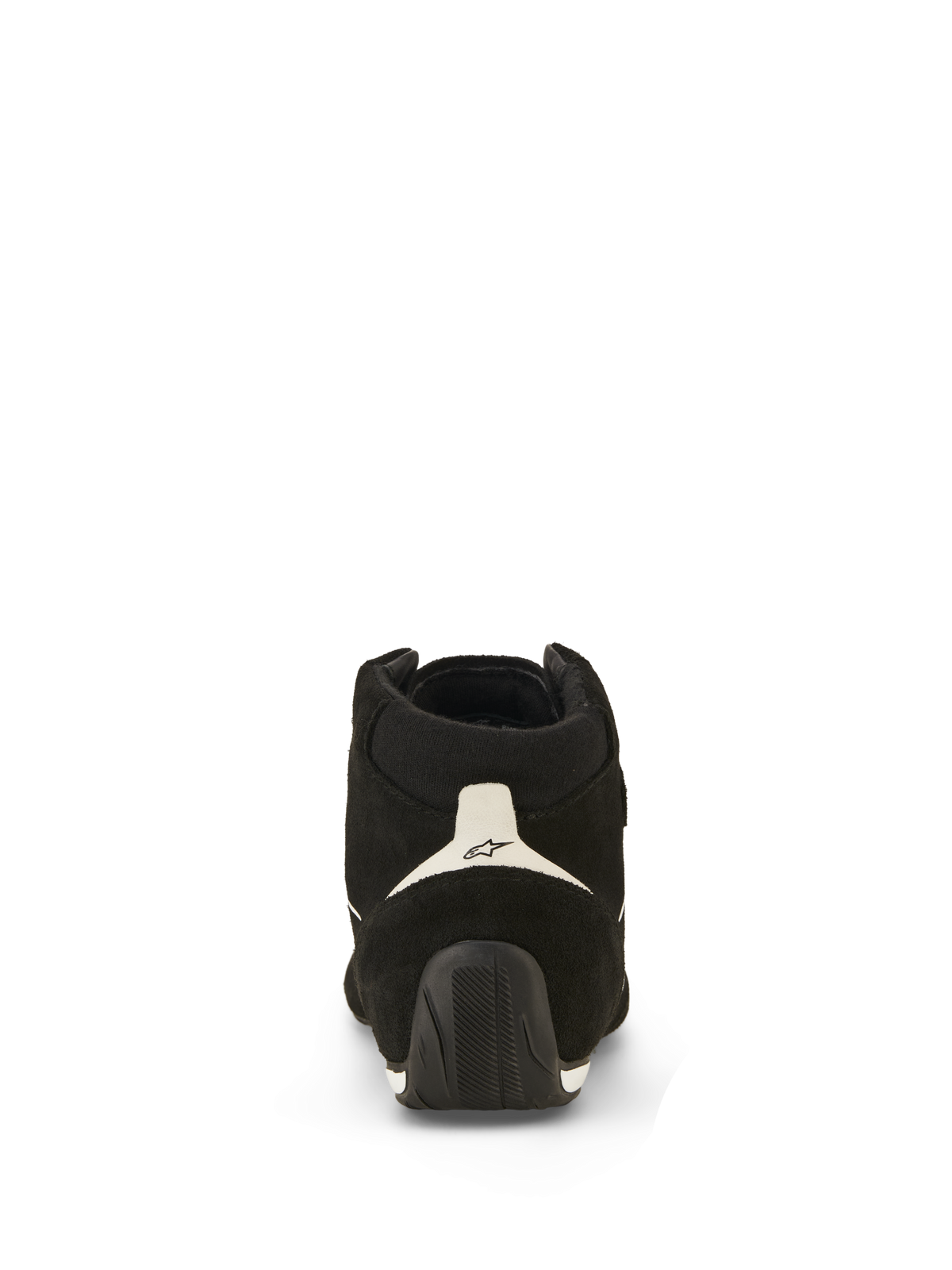 Alpinestars SP V3 Shoes FIA, Auto Racing Shoes, Black and White, rear view featuring suede upper, white heel panel with black logo, and textured rubber sole extending up the heel