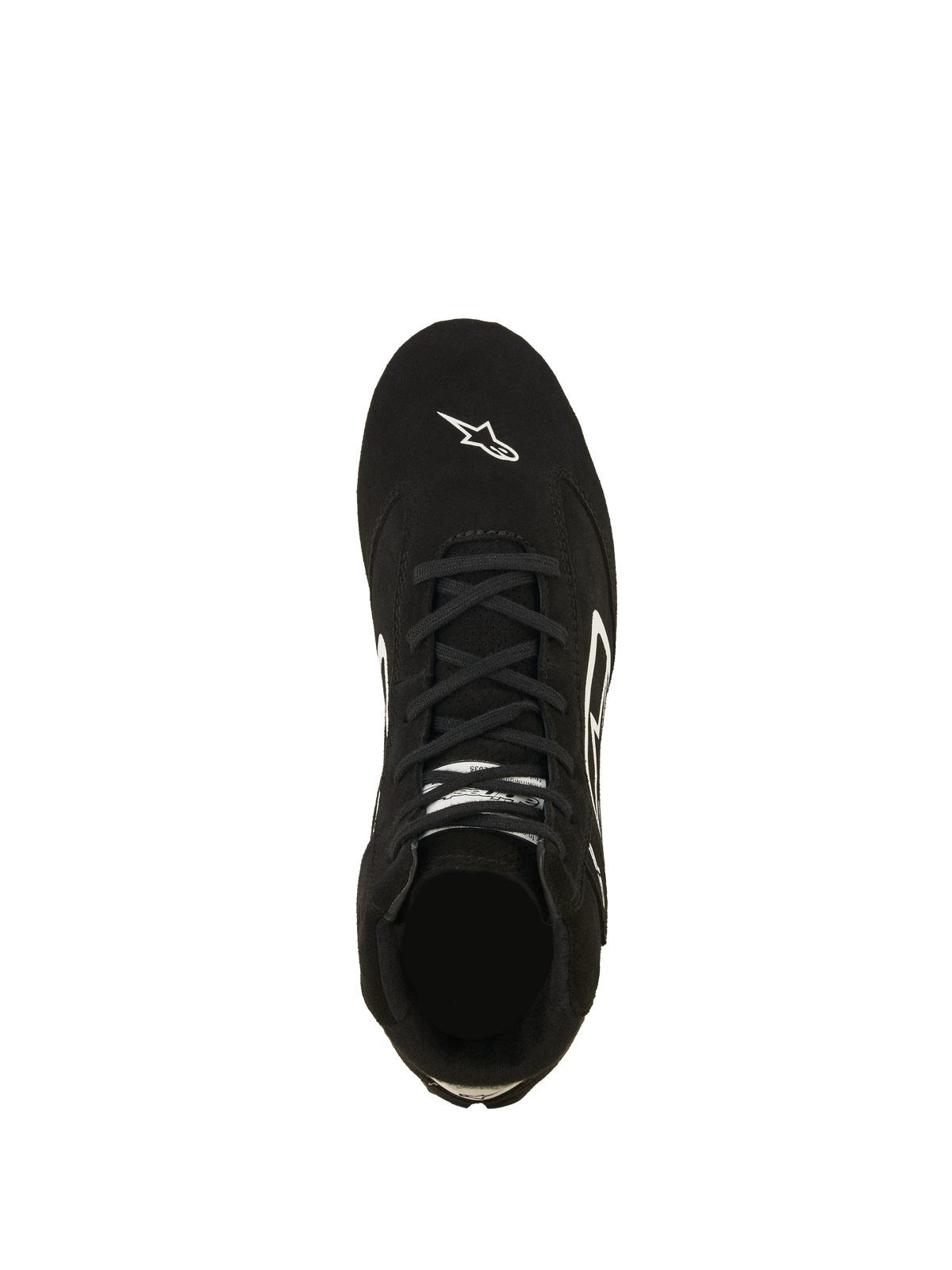 Alpinestars SP V3 Shoes FIA, Auto Racing Shoes, Black and White, top-down view of premium suede upper, featuring black laces and white Astars logo on the toe, professional fire-resistant motorsport footwear