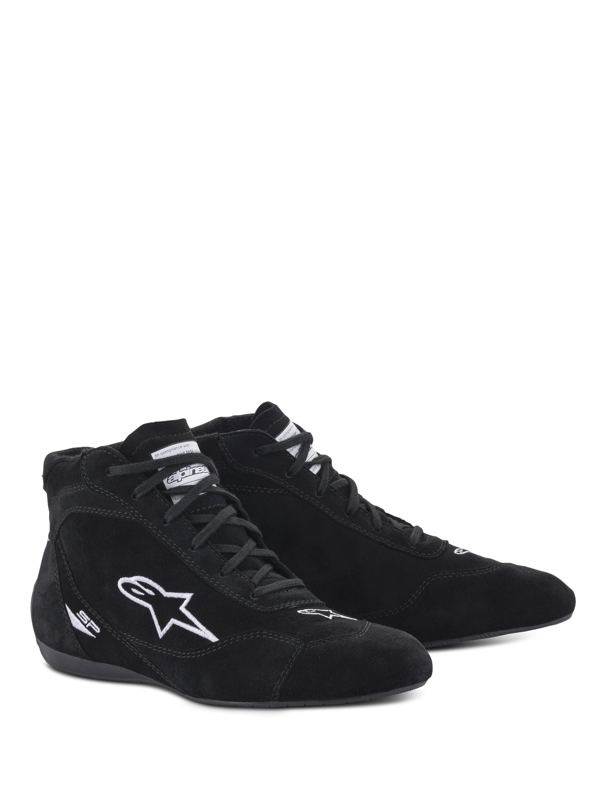 Alpinestars SP V2 Shoes, Auto Racing Shoes, Black, high-top suede design with white embroidered star logo and SP branding, thin F1-specification sole for precision pedal feel, professional motorsport footwear
