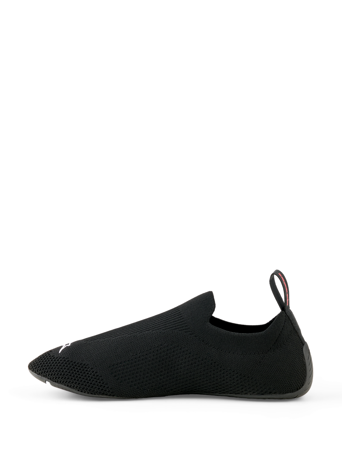 Alpinestars Tech Gaming Shoes, Sim Racing Footwear, Black, seamless knitted stretch upper, ultra-thin rubber outsole, rear pull tab with red detail, lightweight sock-like design for simulator racing performance