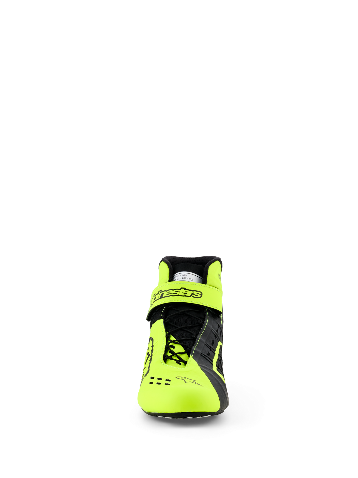 Alpinestars Tech-1 KX V3 Shoes, Karting Shoes, Black and Yellow Fluo, front view showing the asymmetric lacing system and adjustable ankle strap with Alpinestars logo, sleek lightweight design for FIA-certified racing performance
