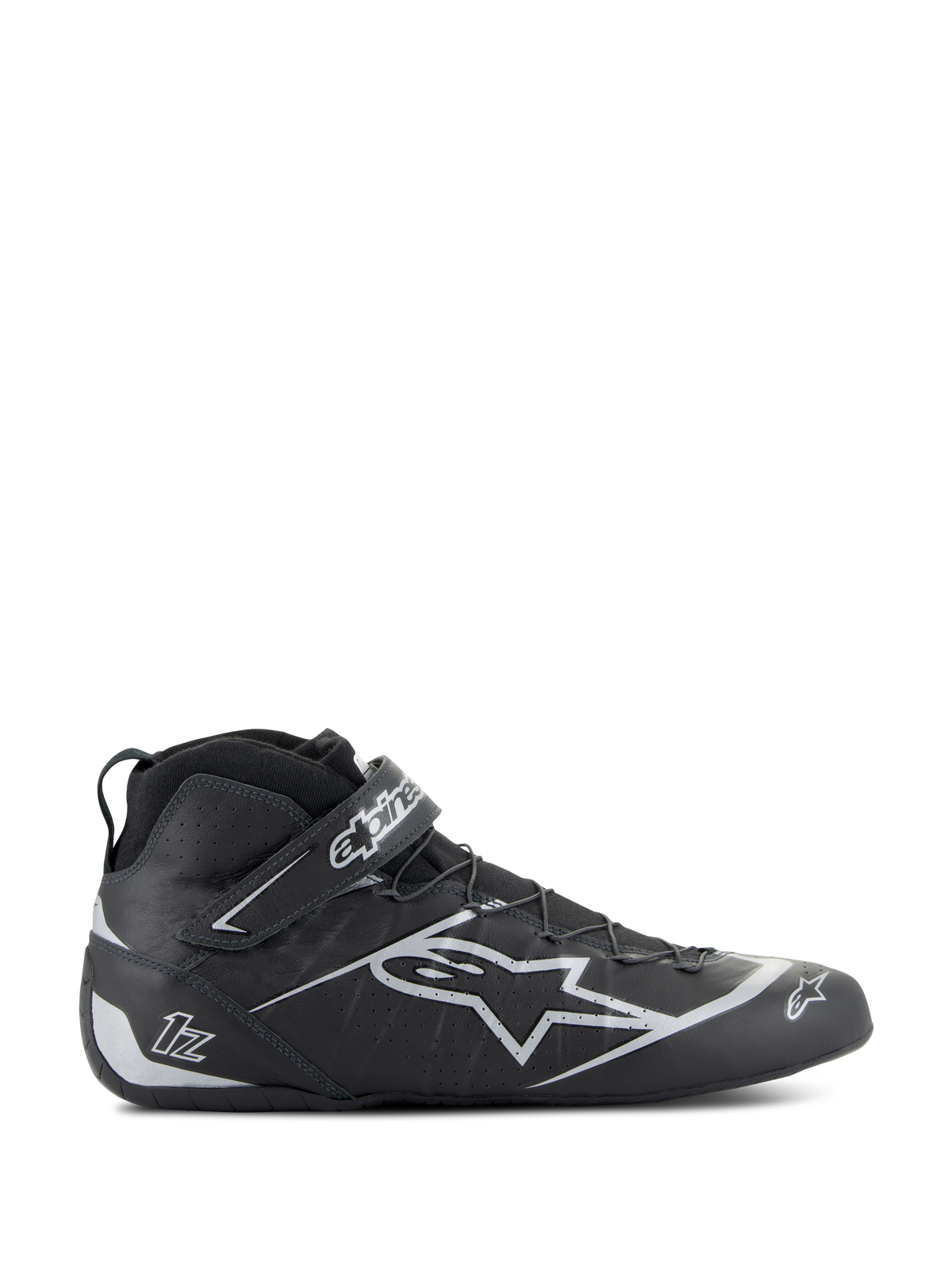 Alpinestars Tech-1 Z V3 Shoes FIA, Black Silver Auto Racing Shoes, side profile of high-top design with silver star logo, integrated Velcro strap closure, speed lacing system, perforated leather panels for breathability, professional FIA certified motorsport footwear