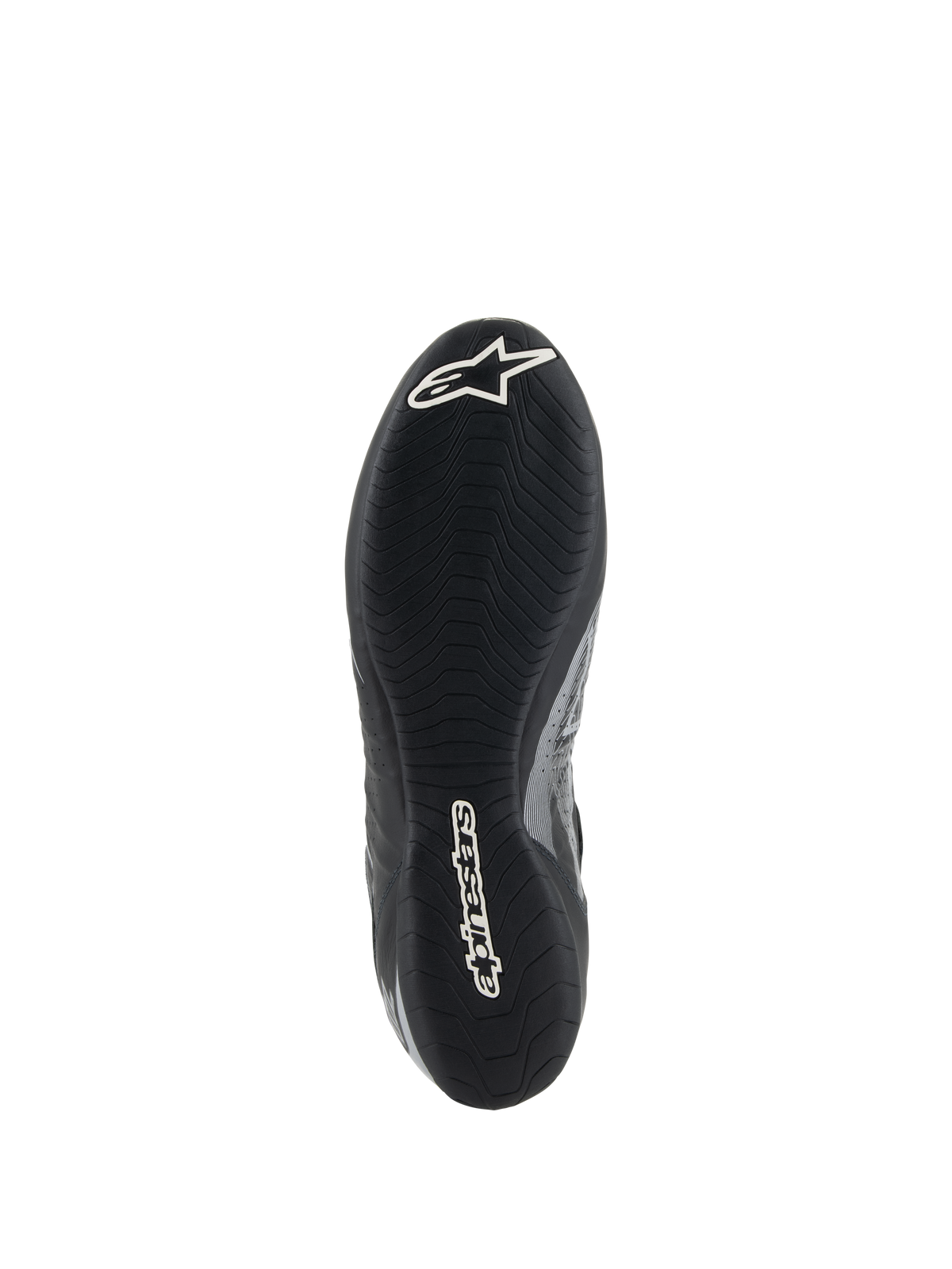 Alpinestars Tech-1 Z V3 Shoes FIA, Black Silver racing shoe sole view, featuring F1-derived thin rubber outsole with asymmetric tread, white branding including Astar logo and Alpinestars wordmark