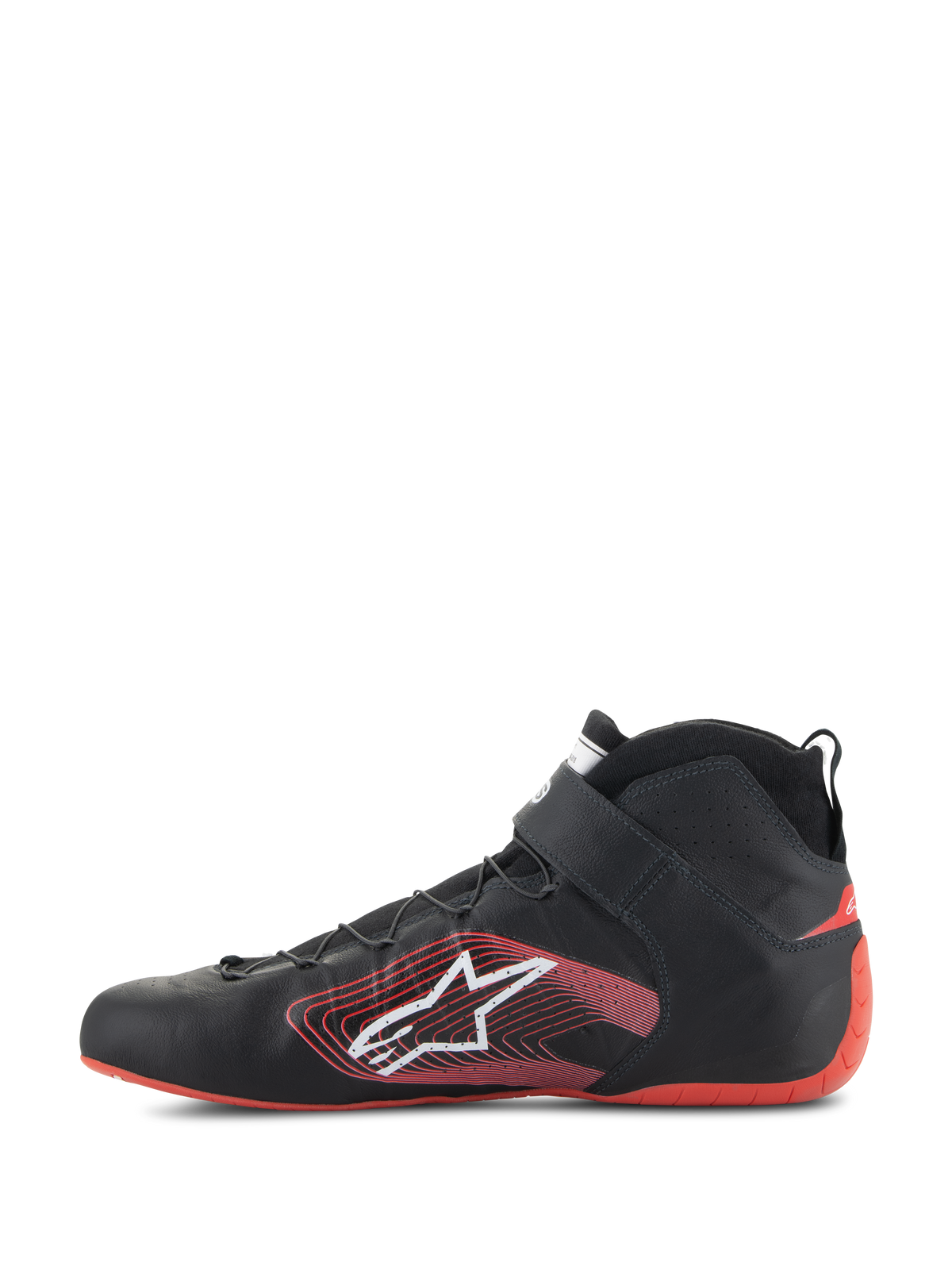 Alpinestars Tech-1 Z V3 Shoes FIA, Auto Racing Shoes, Black and Red, side profile view, premium leather construction with red heel counter, white Astars logo with red linear graphic, ankle strap and thin laces