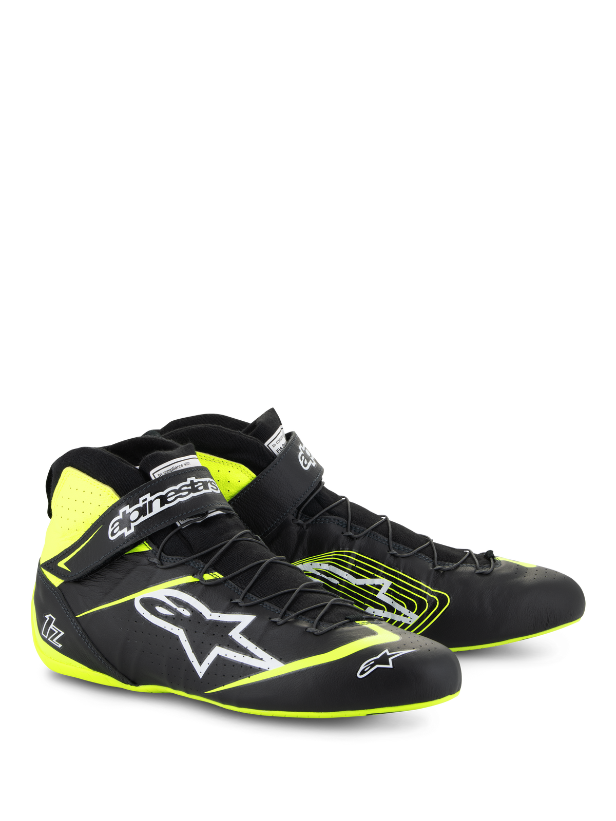 Alpinestars Tech-1 Z V3 Shoes FIA, Auto Racing Shoes, Black and Yellow Fluo, featuring white Astars logo, speed lacing system, and ankle strap, high-top leather design for professional motorsport
