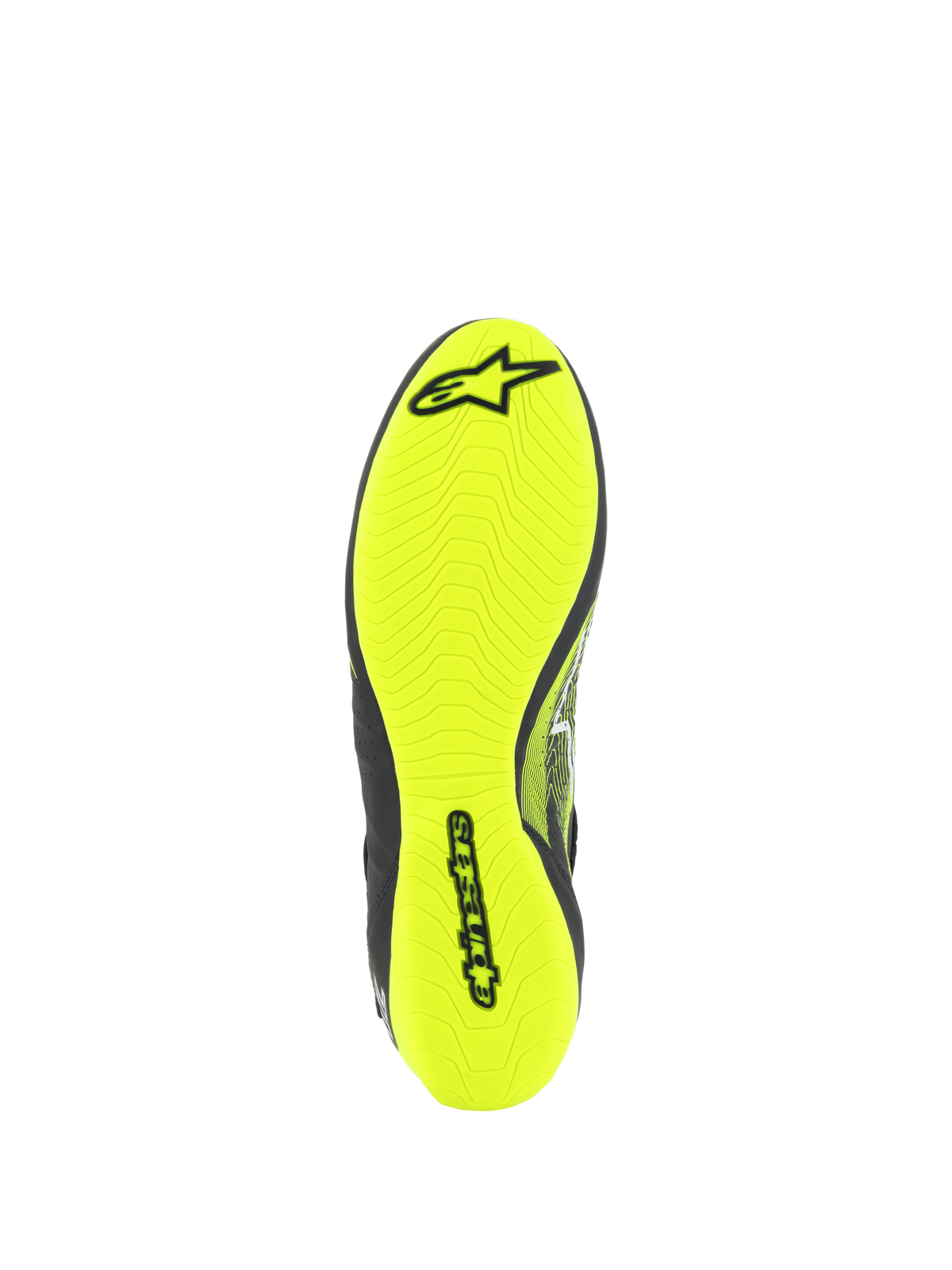 Alpinestars Tech-1 Z V3 Shoes FIA, Auto Racing Shoes, Outsole View in Yellow Fluo, featuring asymmetric tread pattern and black Alpinestars branding, thin rubber sole for maximum pedal sensitivity and grip