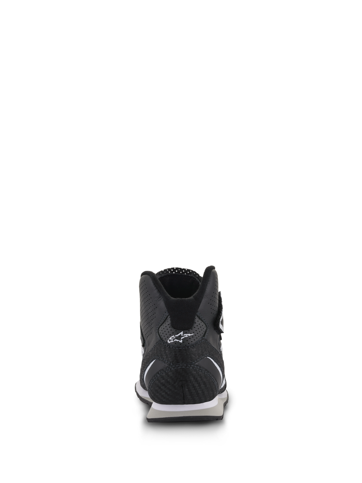 Alpinestars Radar Shoes, Auto Racing Pit Crew Footwear, Black and White, rear view highlighting the reinforced carbon leather heel with white Astars logo, perforated leather panels, and ergonomic low-cut collar