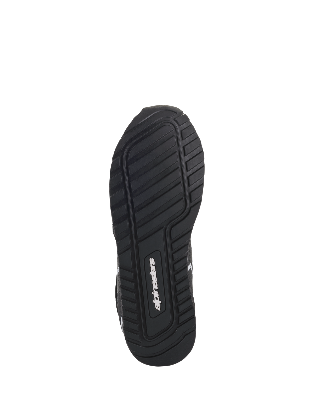 Alpinestars Radar Shoes, Black and White, bottom view showing the exclusive rubber compound sole with textured tread pattern for grip and stability, featuring the Alpinestars logo in the center.