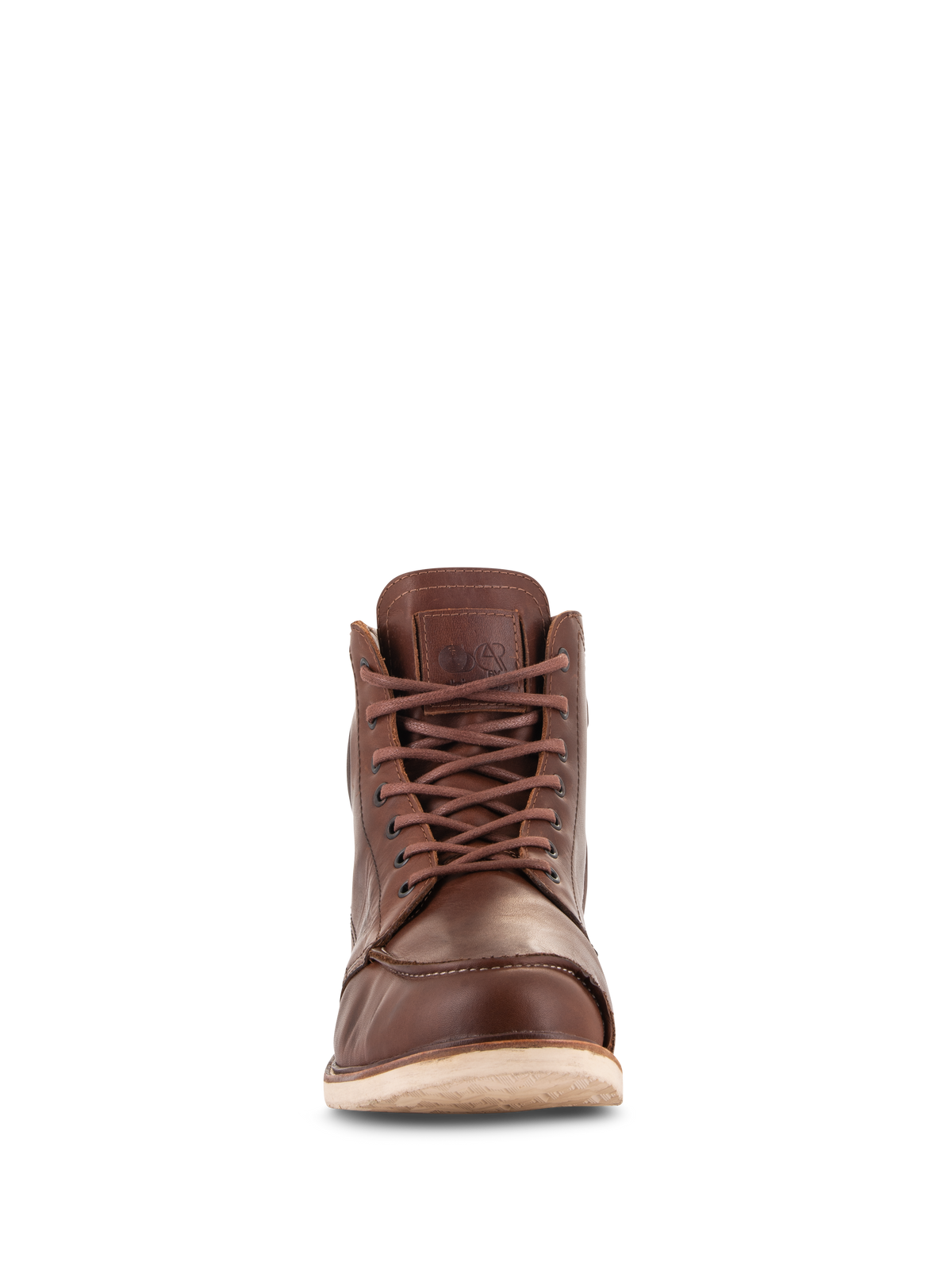 Alpinestars Oscar Monty V2 Shoes, Brown, motorcycle riding shoes, front view showing full-grain leather construction, moc toe design, lace-up closure, and off-white wedge outsole, heritage-inspired urban footwear