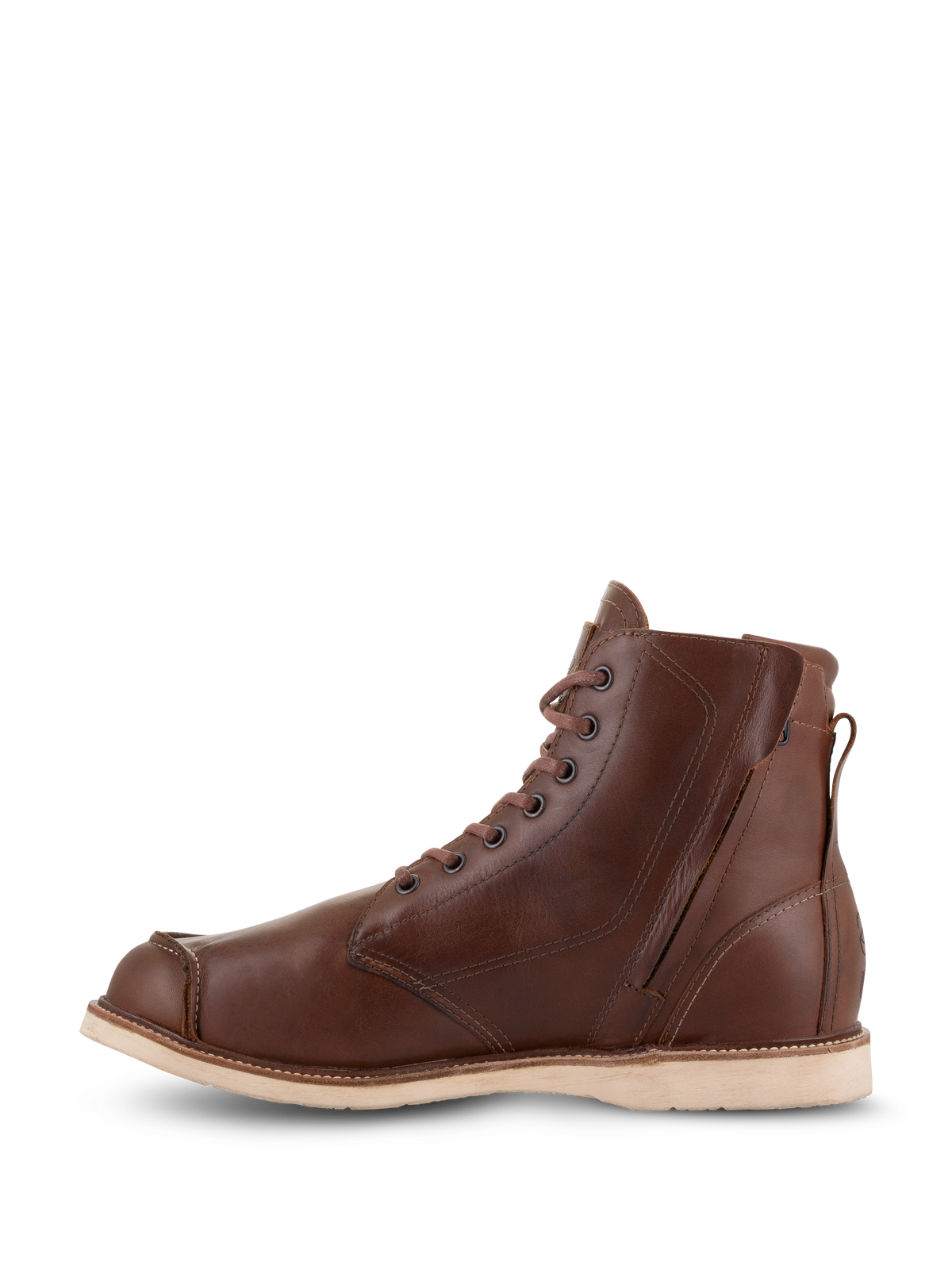 Alpinestars Oscar Monty V2 Shoes, Brown leather motorcycle riding shoes, medial side view featuring a side zipper and laces, moc toe design with a light-colored wedge outsole, heritage-inspired protective footwear