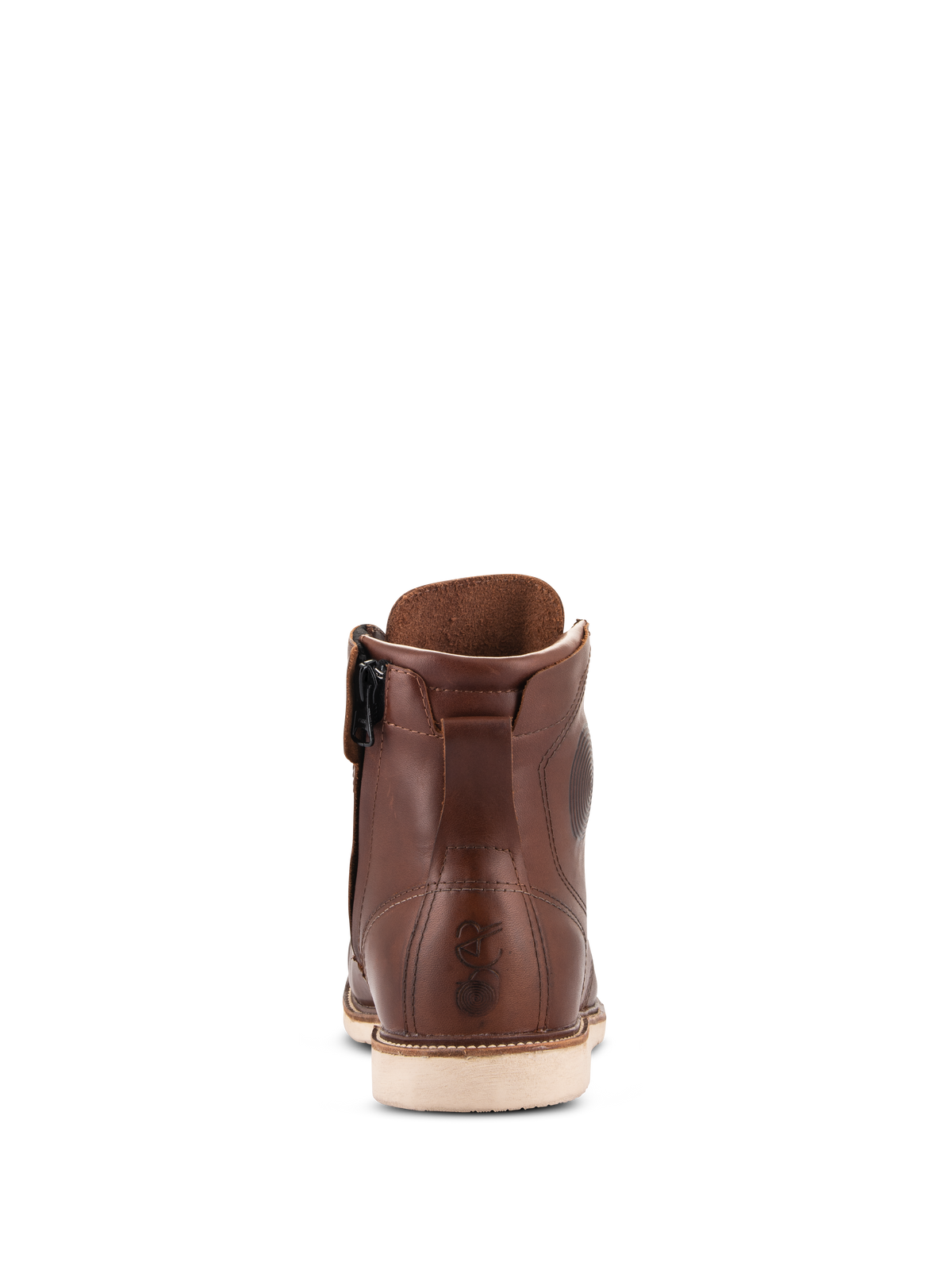 Alpinestars Oscar Monty V2 Shoes, Brown leather motorcycle riding shoe, rear view featuring white wedge outsole and medial side zipper, embossed Oscar logo on the heel, heritage-inspired urban footwear design