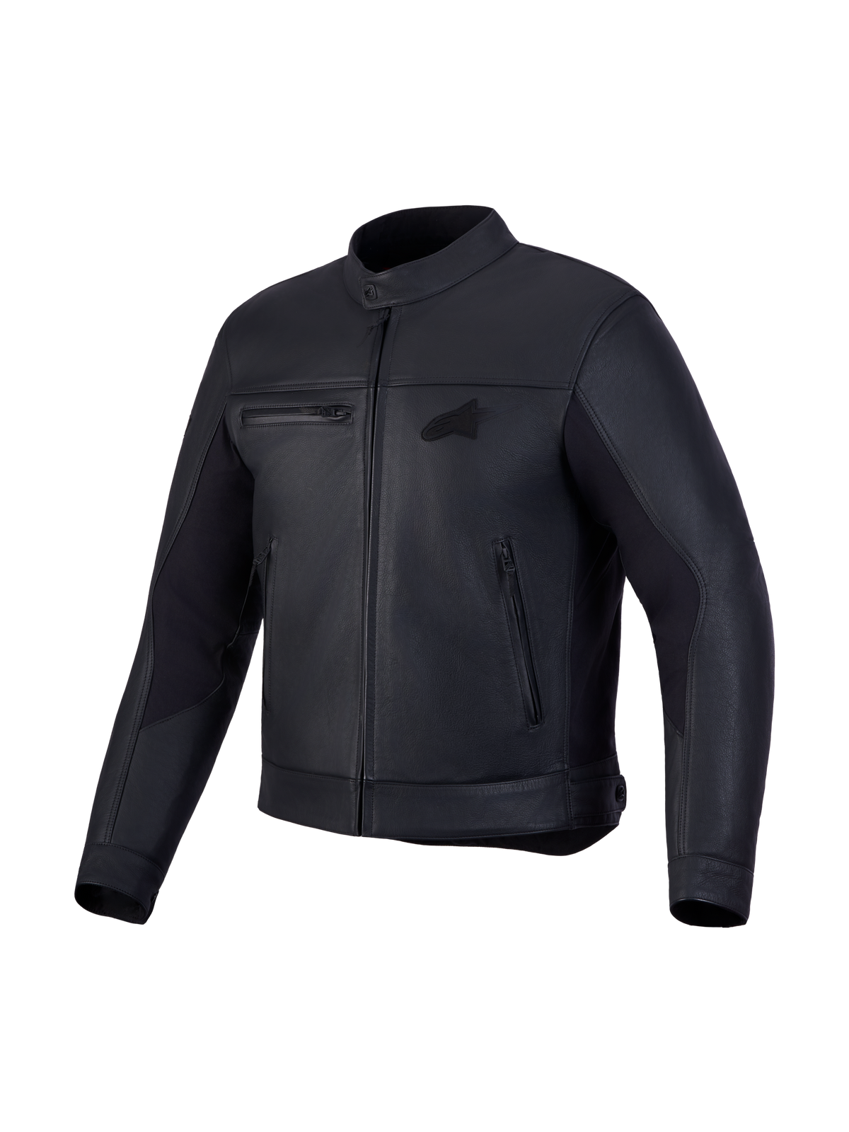 Alpinestars Maver-X Leather Jacket, men's urban motorcycle leather jacket, black, front studio view showing premium bovine leather construction and biker collar
