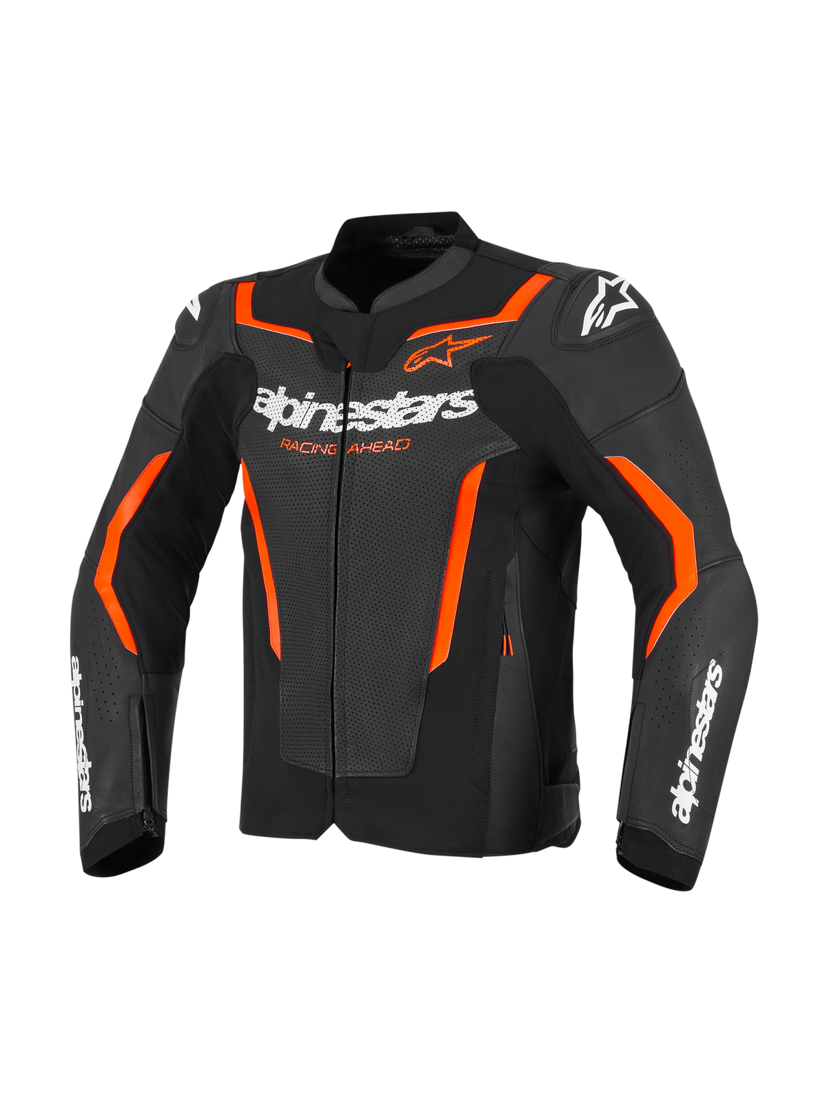 Alpinestars GP Force V2 Air Leather Jacket, Black and Red Fluo, perforated leather motorcycle jacket featuring white Alpinestars branding on the chest and sleeves, bright orange accents, and integrated shoulder protectors, front view.