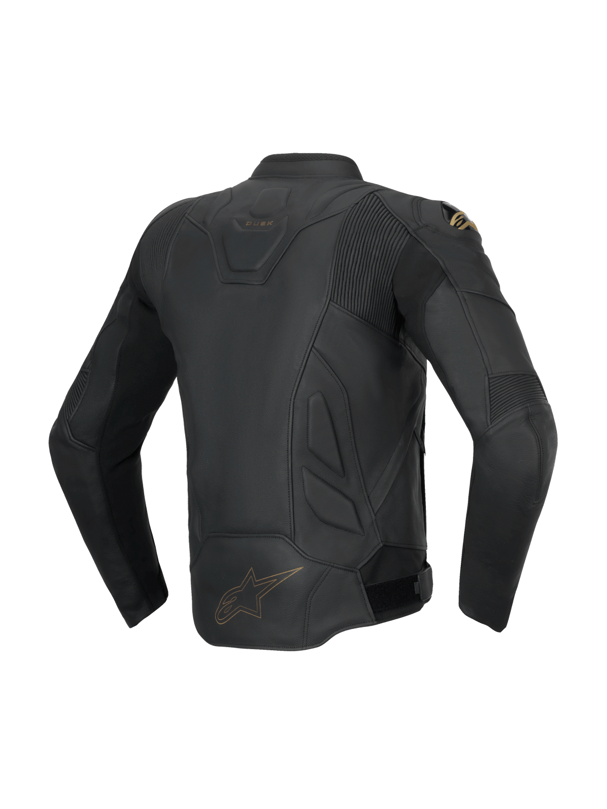 Alpinestars Dusk Leather Jacket, black men's sport road jacket, bovine leather, rear view with stretch accordion panels.