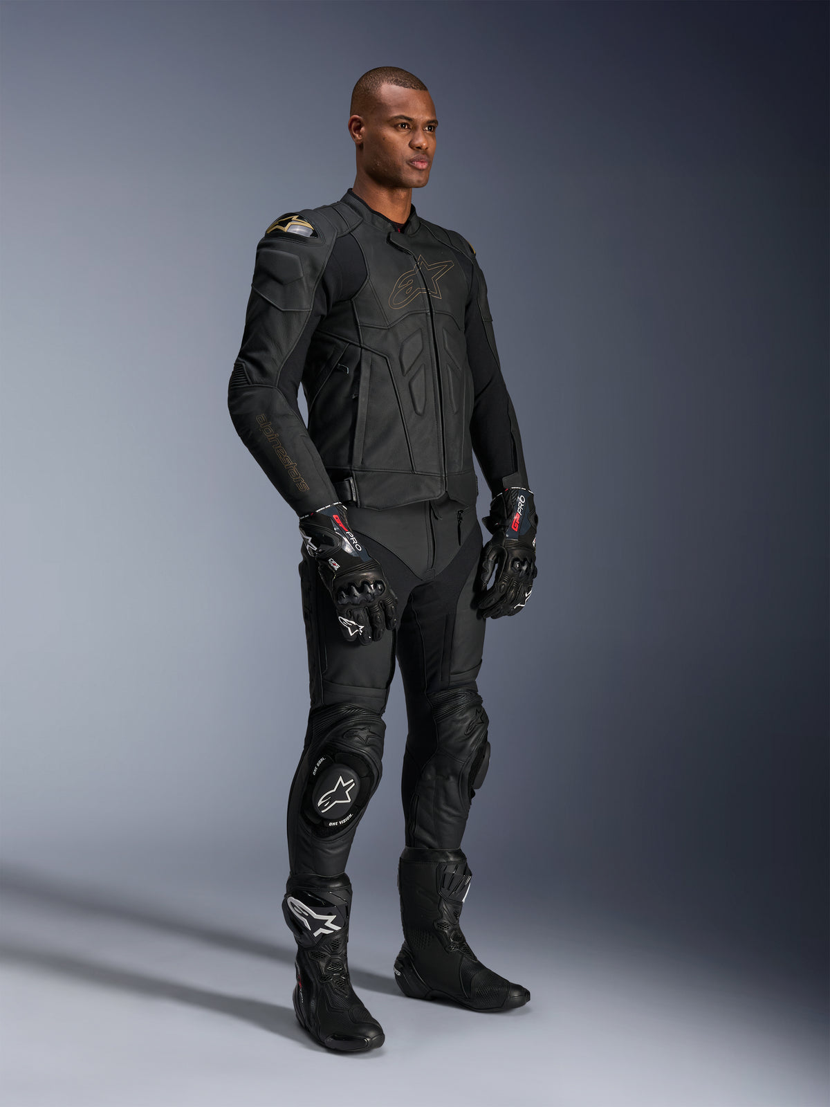 Alpinestars Dusk Leather Jacket, men's black leather motorcycle racing jacket with external DFS shoulder protection.