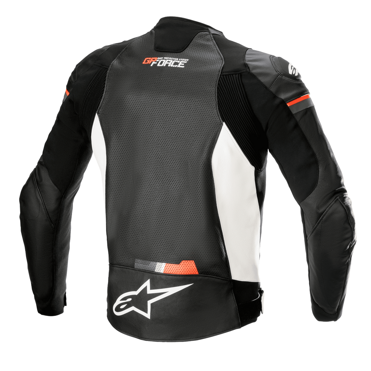 Alpinestars GP Force Airflow Leather Jacket, Rear View, Black White and Red Fluo, perforated leather back panel for ventilation, accordion stretch inserts on shoulders and sides, white Alpinestars logo on lower back, GP Force branding on upper back, sport motorcycle apparel