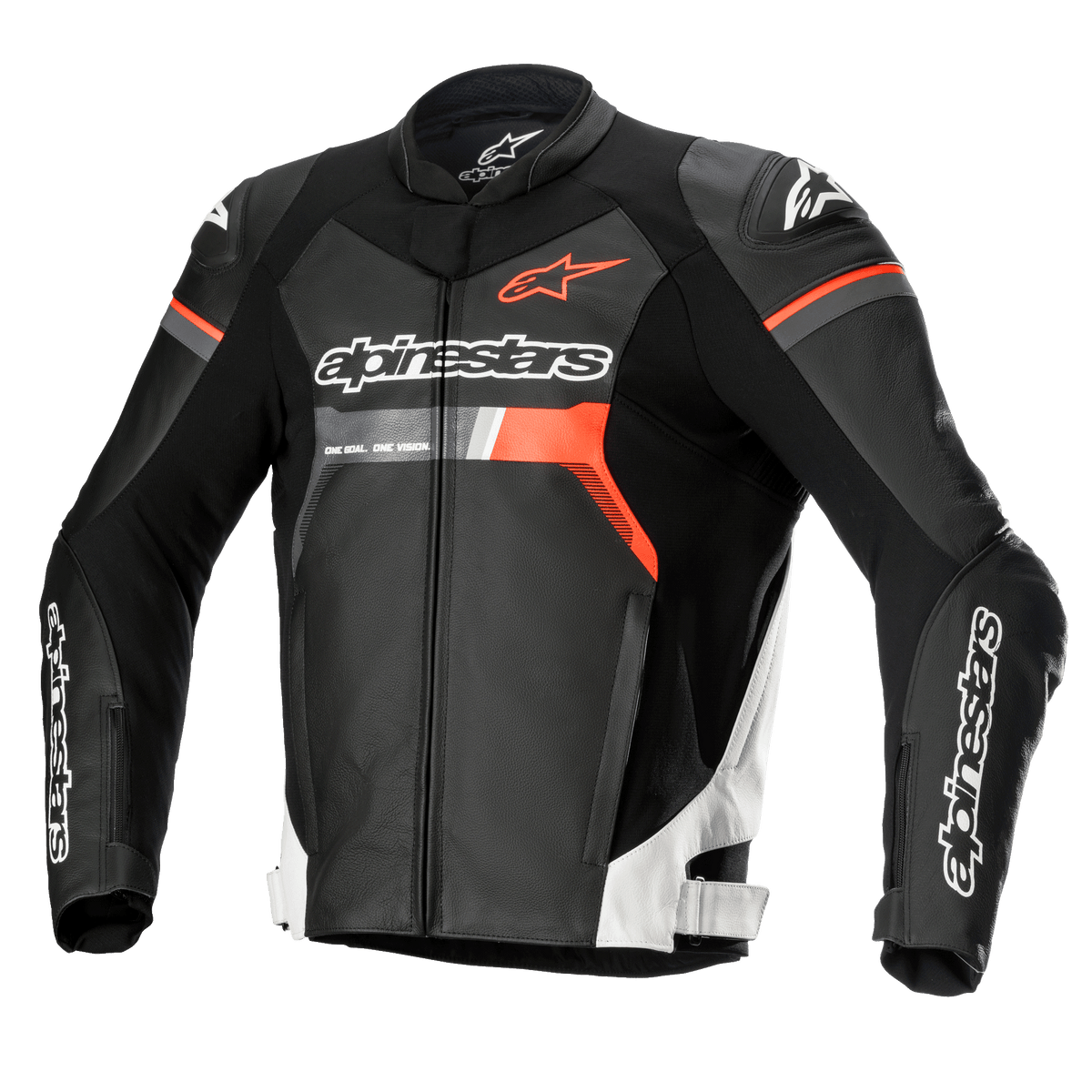 Alpinestars GP Force Leather Jacket, Motorcycle Racing Jacket, Black with White and Red Fluo accents, featuring prominent Alpinestars branding on the chest and sleeves, premium bovine leather construction with DFS Lite shoulder protectors, sleek aerodynamic silhouette