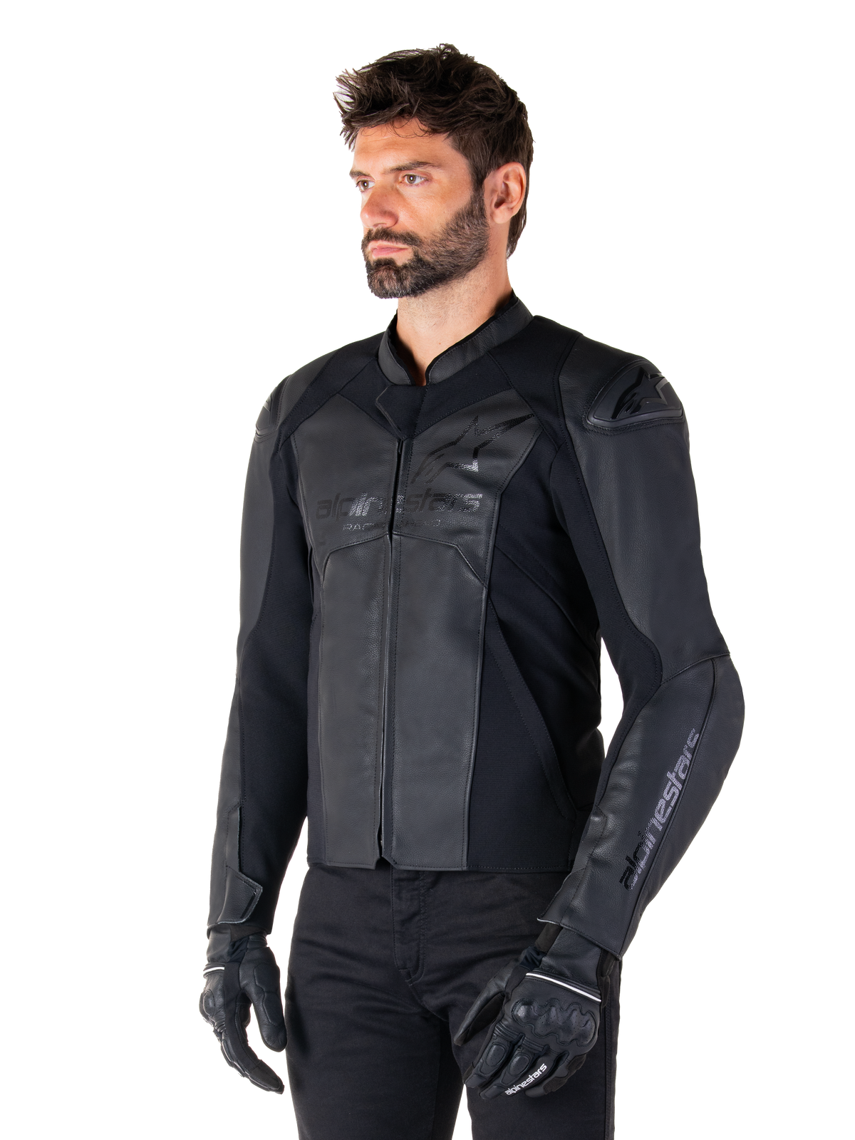 Alpinestars Faster V3 Leather Jacket, Sport Riding Jacket, Black Black, worn by a male model with black pants and gloves, premium leather construction with stretch panels and DFS GP Lite shoulder protectors, sleek and modern sport silhouette