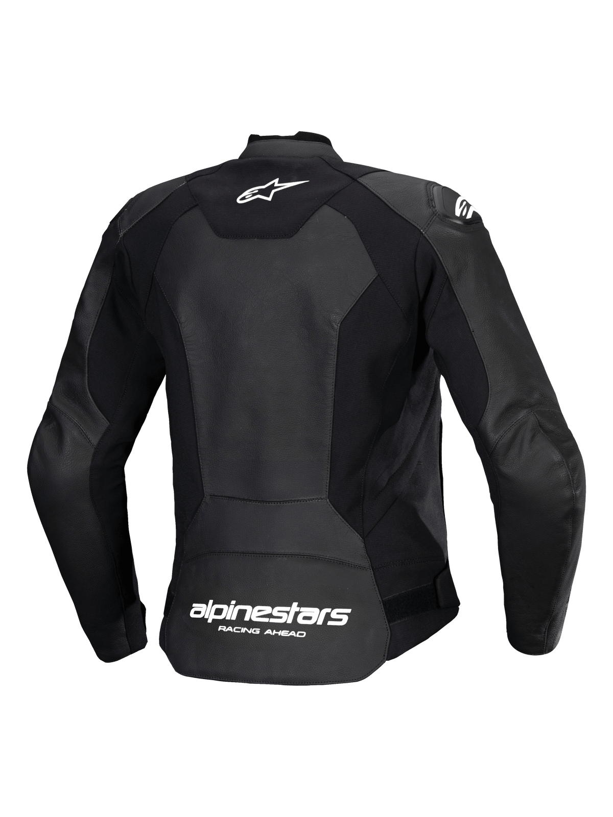 Alpinestars Stella Faster V3 Leather Jacket, Women's Sport Motorcycle Jacket, Black and White, rear view showing multi-panel leather and stretch fabric construction, white Alpinestars logo on the upper back and lower back branding, sleek athletic fit for performance riding