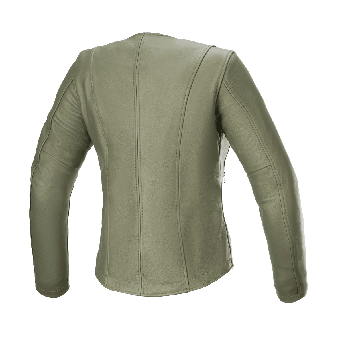 Alpinestars Women's Alice Leather Jacket, Military Green, Rear View, premium leather motorcycle jacket with sleek contoured vertical stitching and pre-curved sleeves for an urban female fit.