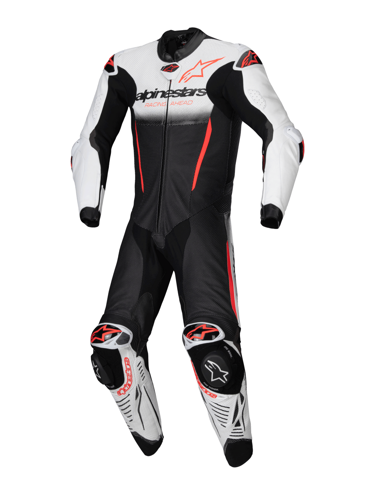 Alpinestars GP-R7 1-Piece Leather Suit, Racing Motorcycle Gear, White, Black, and Red Fluo Bovine Leather, Tech-Air Ready.
