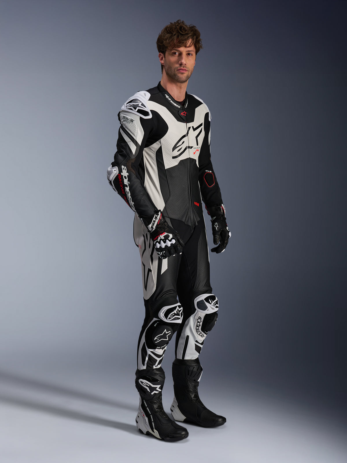 Alpinestars GP Plus V4 Sprint 1 Piece Leather Suit, Black, White, and Red Fluo, Tech-Air Ready men's motorcycle racing gear.