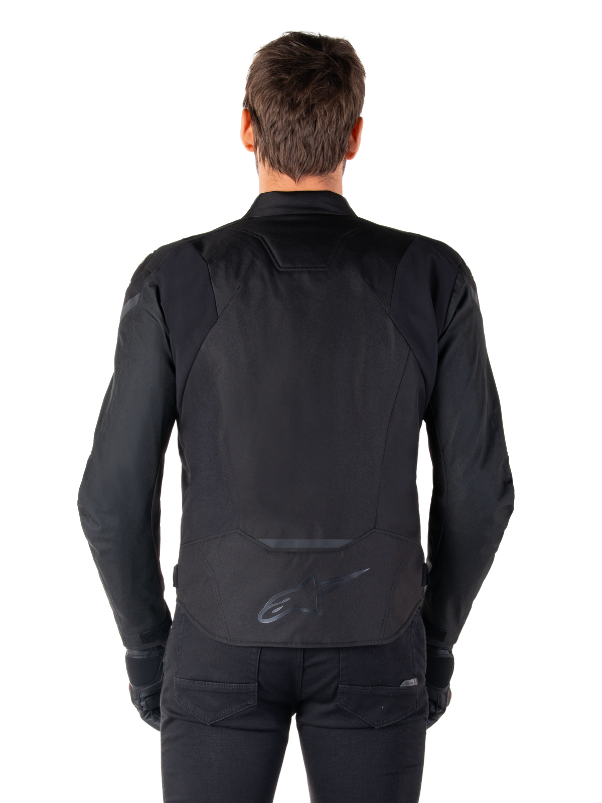 Alpinestars T-Jaws V4 Waterproof Jacket, Textile Motorcycle Jacket, Black Black, Rear view showing Alpinestars logo on the lower back, sporty fit for road riding