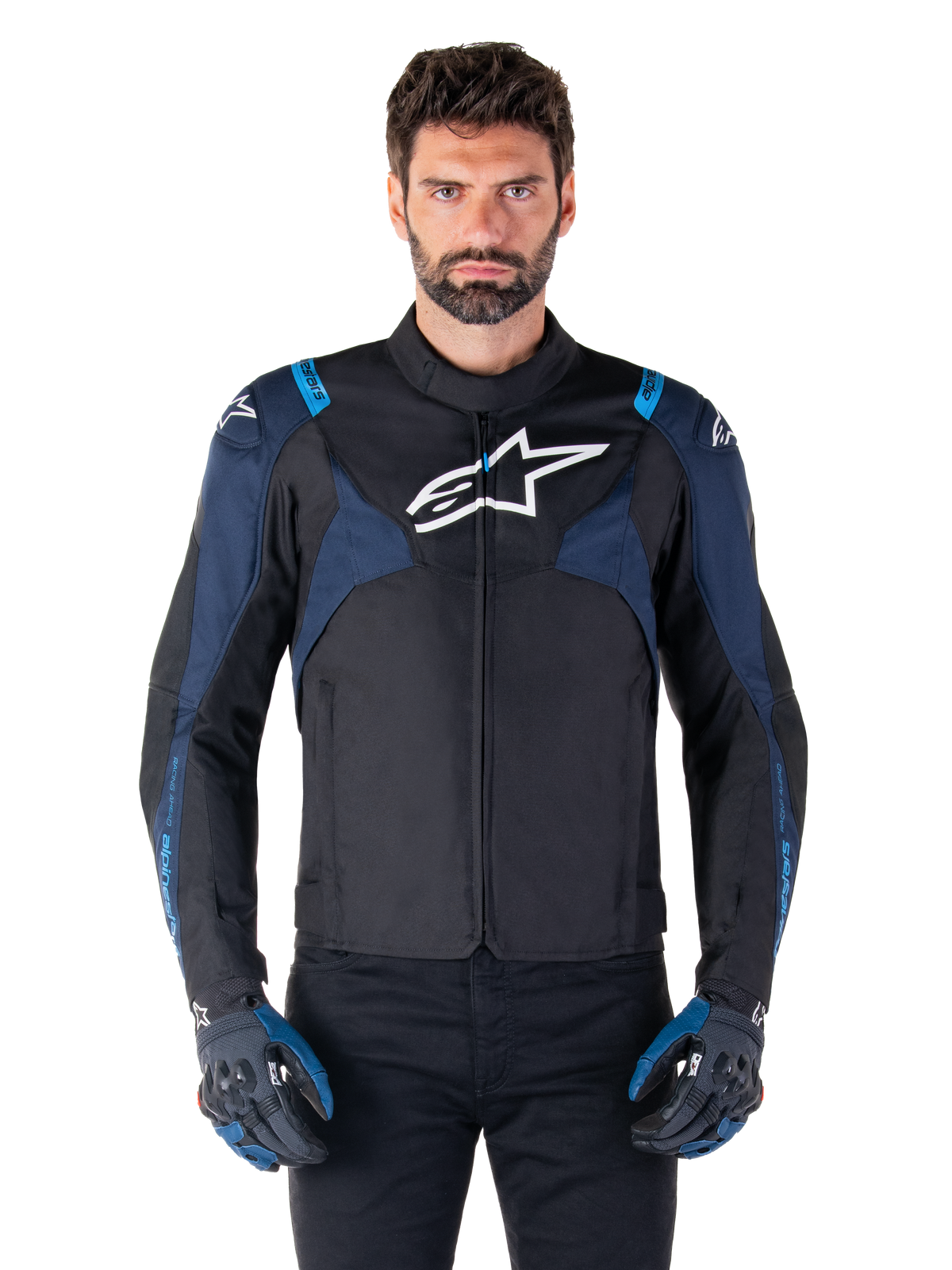 Alpinestars T-Jaws V4 Waterproof Jacket, Motorcycle Jacket, Black and Dark Blue with Blithe Blue accents, white logo on chest, blue text on shoulders, worn with matching gloves, waterproof textile riding gear