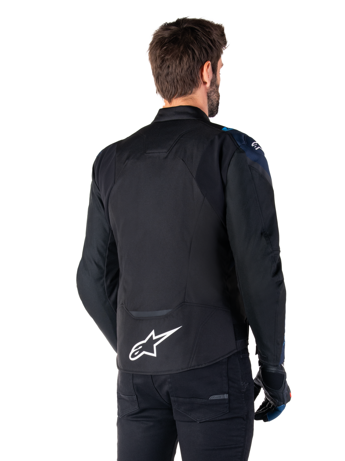 Alpinestars T-Jaws V4 Waterproof Jacket, Back View, Black with Dark Blue and Blithe Blue details, white star logo on lower back, sport silhouette, worn with black pants and riding gloves