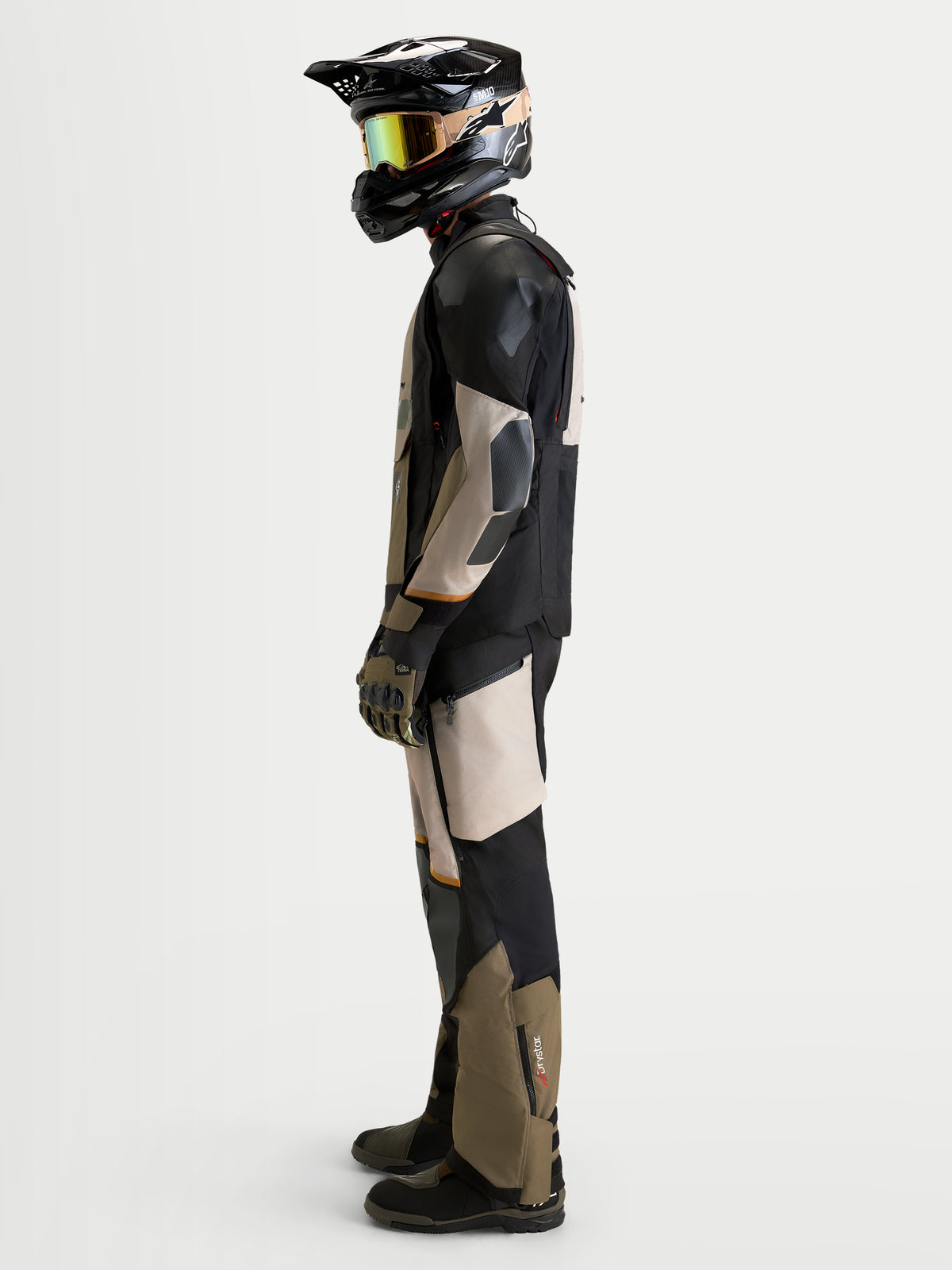 Alpinestars Harok V2 Drystar Gear Set, motorcycle riding gear set, side profile view of a model wearing matching jacket and pants in black and beige, waterproof adventure touring apparel