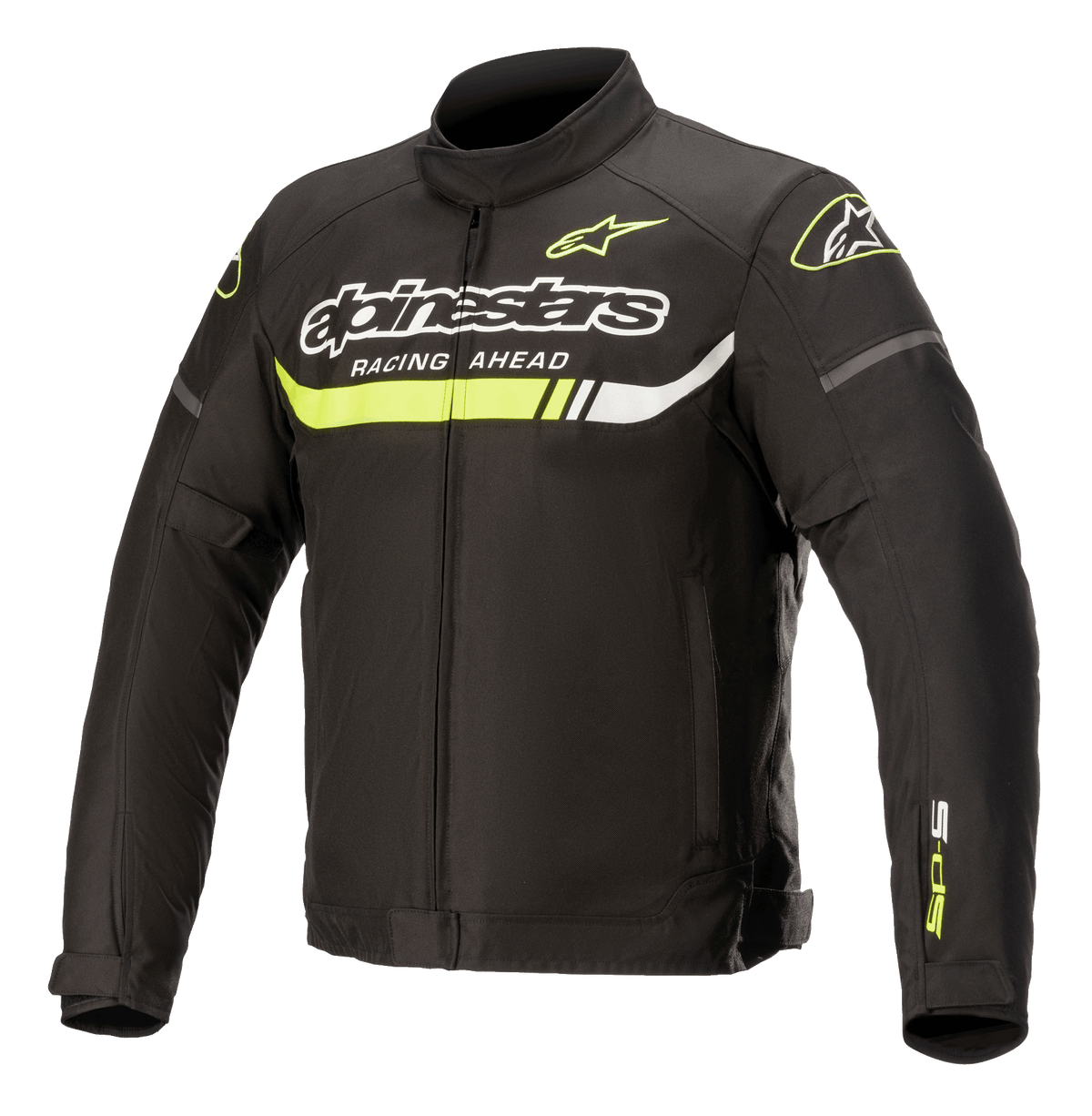Alpinestars T-SP S Ignition Waterproof Jacket, textile motorcycle jacket, Black with Yellow Fluo and White accents, featuring bold Alpinestars branding and 'Racing Ahead' text on the chest, a neon yellow horizontal stripe, and a sleek racing-inspired design.