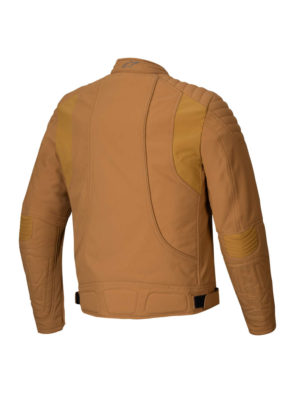 Alpinestars Clayton WR Jacket, Motorcycle Jacket, Utility Brown Light Gold, back view showing quilted padding on shoulders and elbows, ergonomic curved lines, and adjustable waist straps, urban motorcycle gear