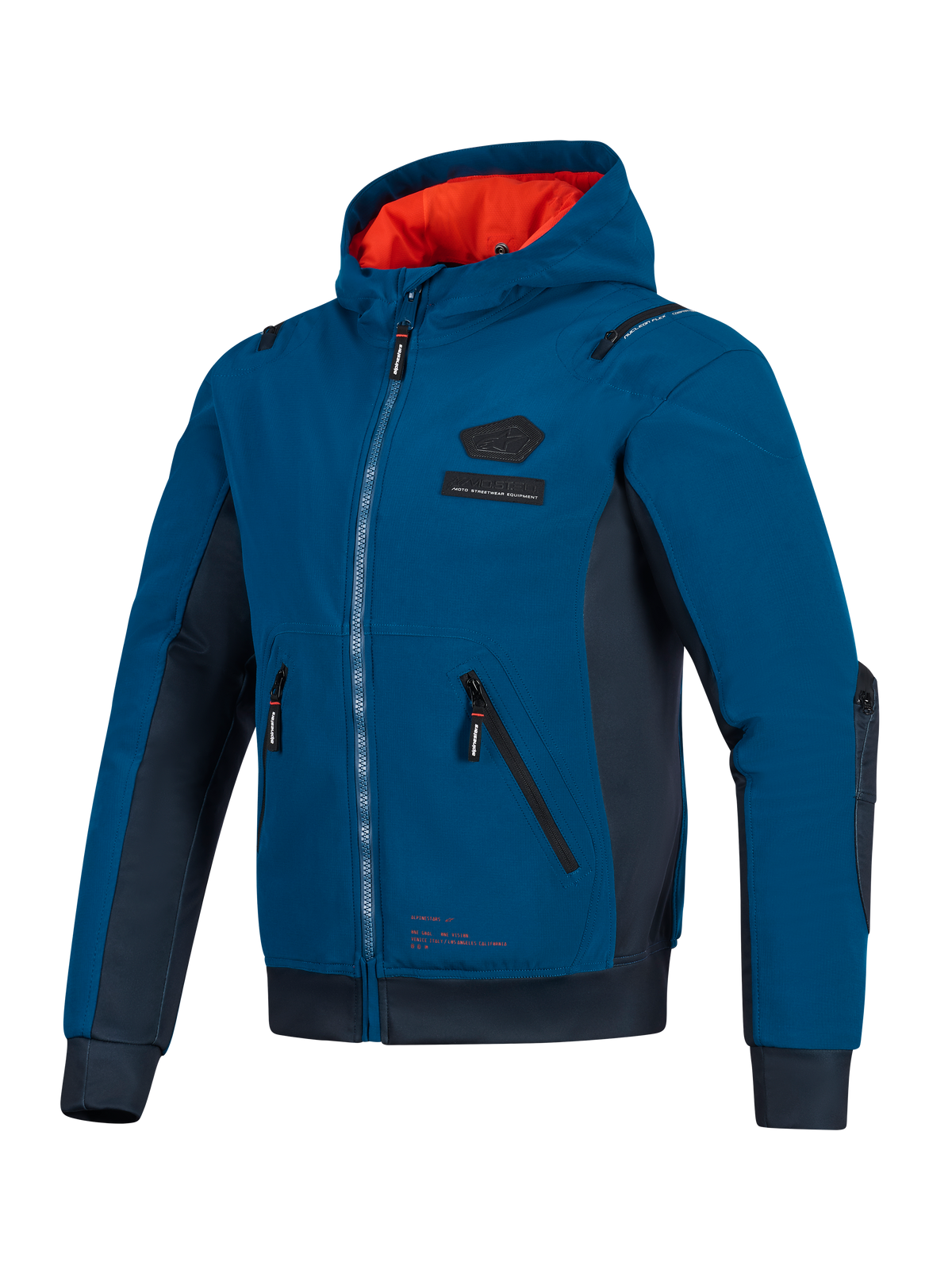 Alpinestars Moblast Waterproof Jacket, Dark Petrol and Dark Navy blue, urban motorcycle hoodie featuring a bright orange hood lining, technical 3D pockets, and softshell ripstop construction for all-season commuting