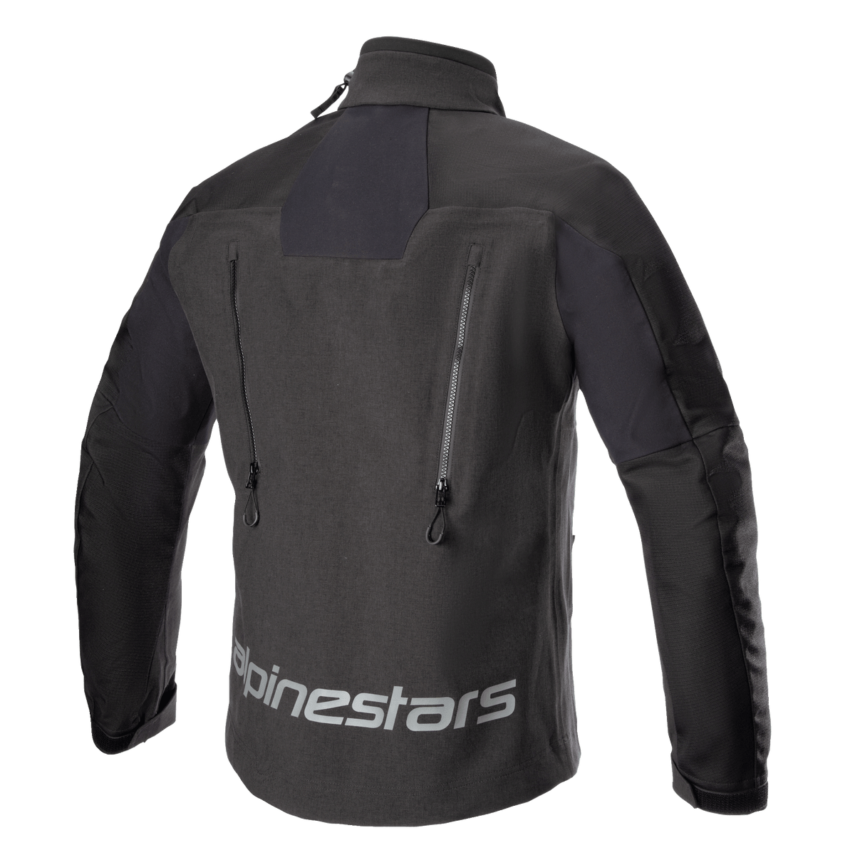 Alpinestars Hyde XT Drystar® XF Jacket, Motorcycle Jacket, Black, back view featuring a large reflective Alpinestars logo across the lower back, dual vertical exhaust vents with zippers, and textured ripstop panels